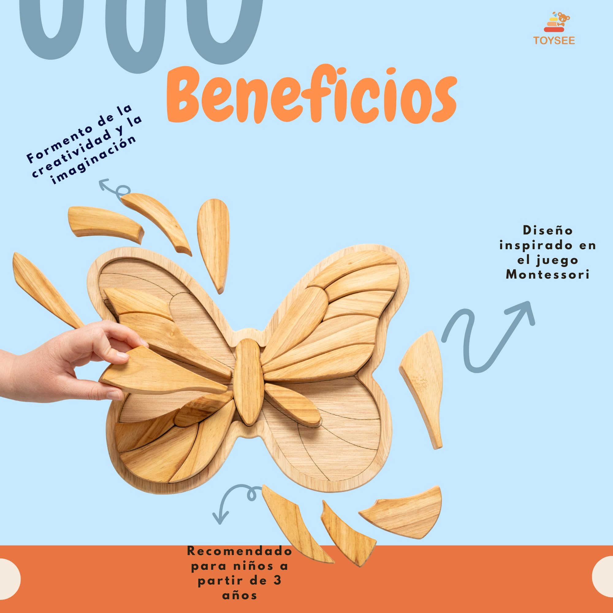 Drewniane puzzle Montessori Motyl 23 sztuki + taca - Puzzle dla dzieci 2+ lata | Zabawka edukacyjna w kształcie motyla | Dobra motoryka i koncentracja | Naturalne drewno kauczukowe