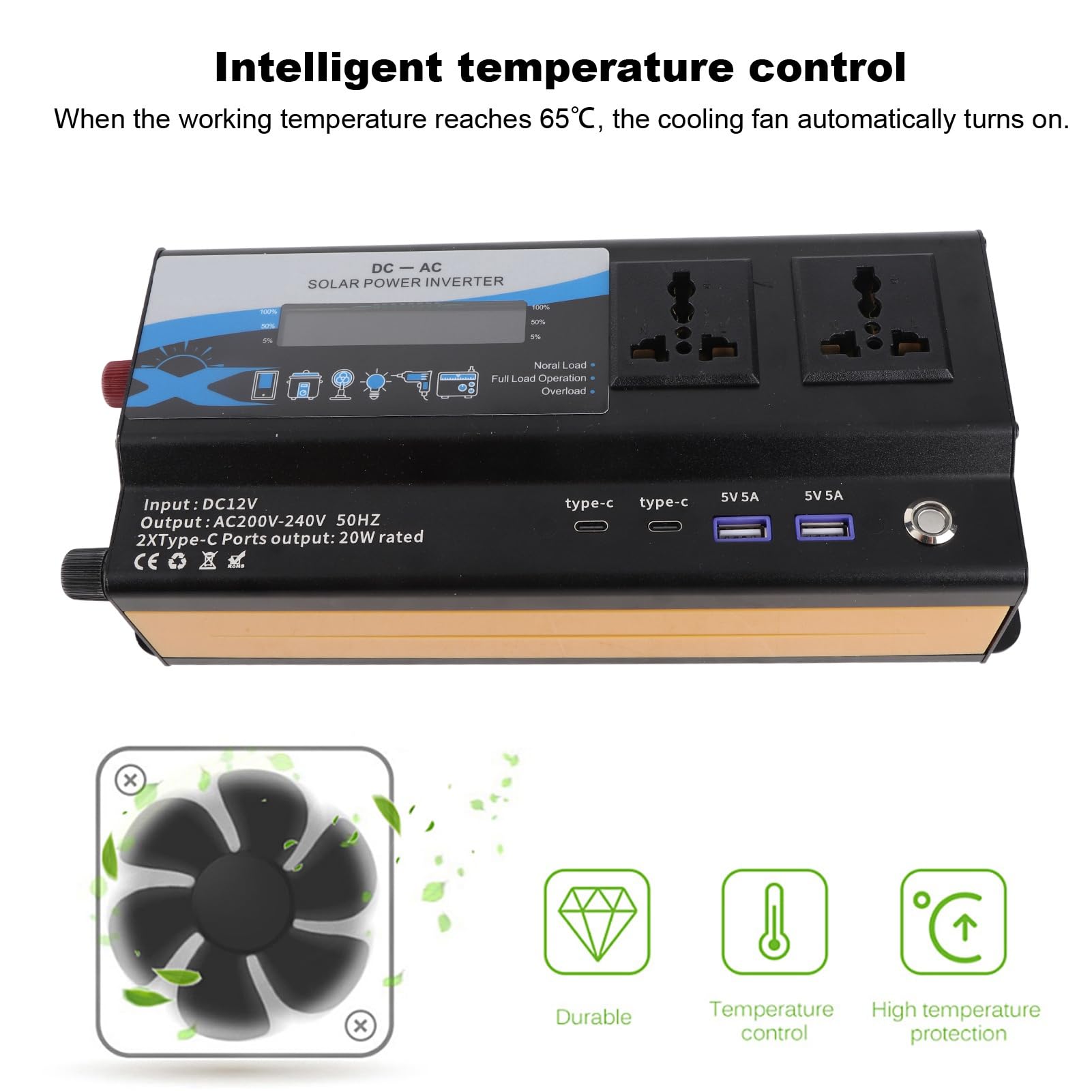 Przetwornica samochodowa o mocy szczytowej 6000 W ze światłem LED Modyfikacja o wysokiej wydajności Ładowanie falą sinusoidalną 2 porty USB 2 typu C do wycieczek kempingowych (Odp. (12 V))