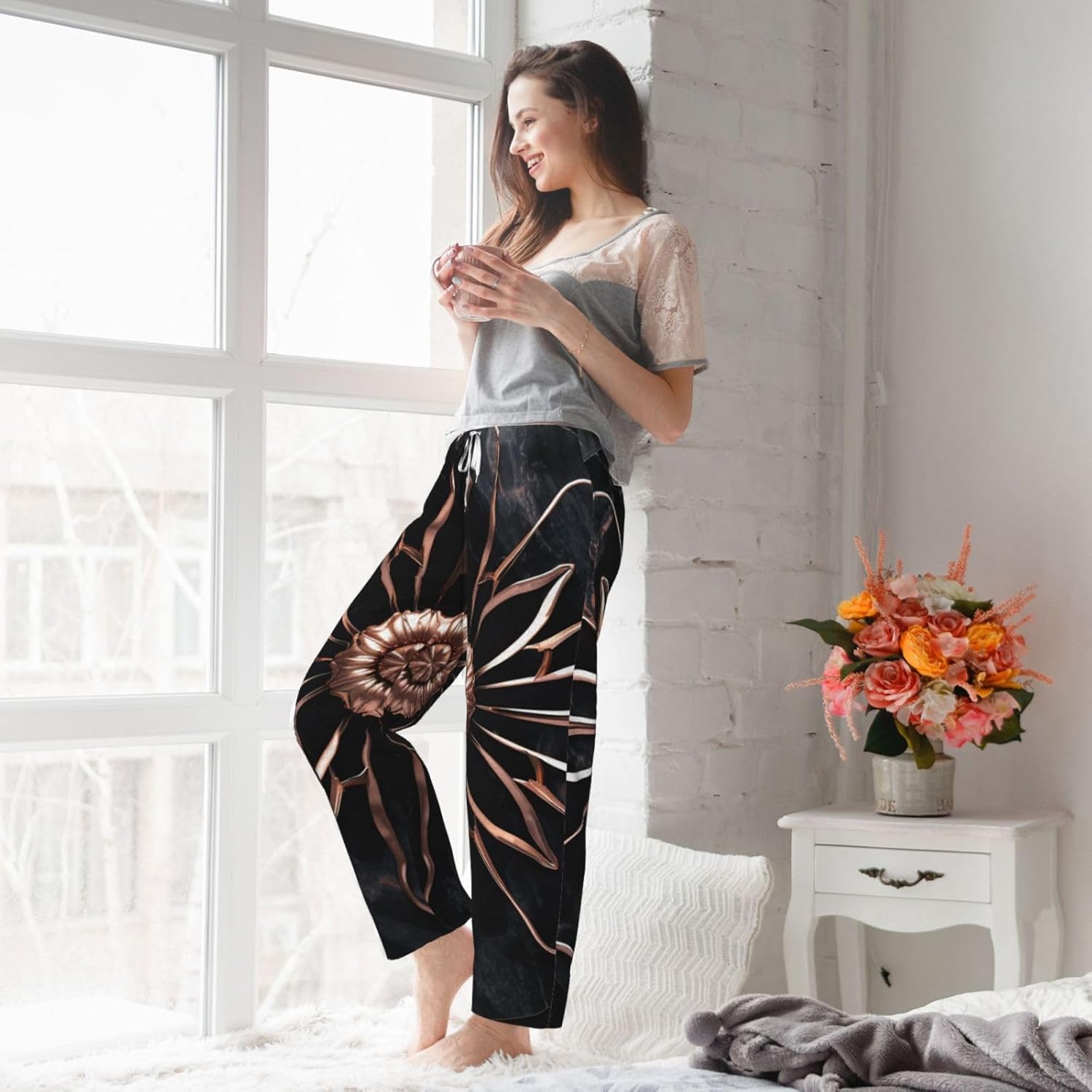 Black Rose Gold Marble Print Fashion Cozy Womens Flannel Pajama Pants,Perfect For Christmas And Everyday Wear