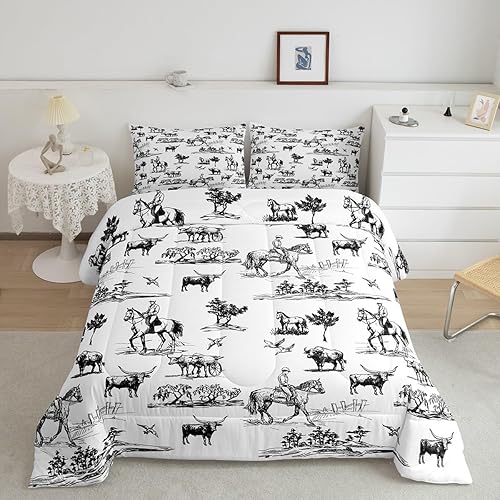 Miniatura 5 de Juego de edredón occidental, tamaño matrimonial, juego de ropa de cama de vaca y caballo, 3 piezas, diseño de animales de granja para niños, niñas y