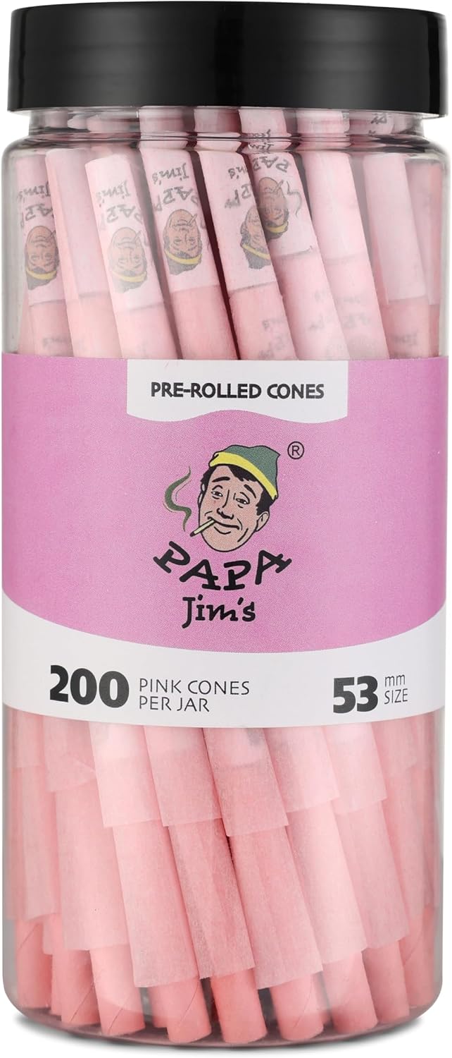 Papa Jim's Pre-Rolled Cones | Pink Paper Shorty's | 200 Cones Jar | 53mm Mini's | Finest Ultra Thing & Slow Burning Paper from France | Includes Packing sticks and filters (53mm, 200, Cones)