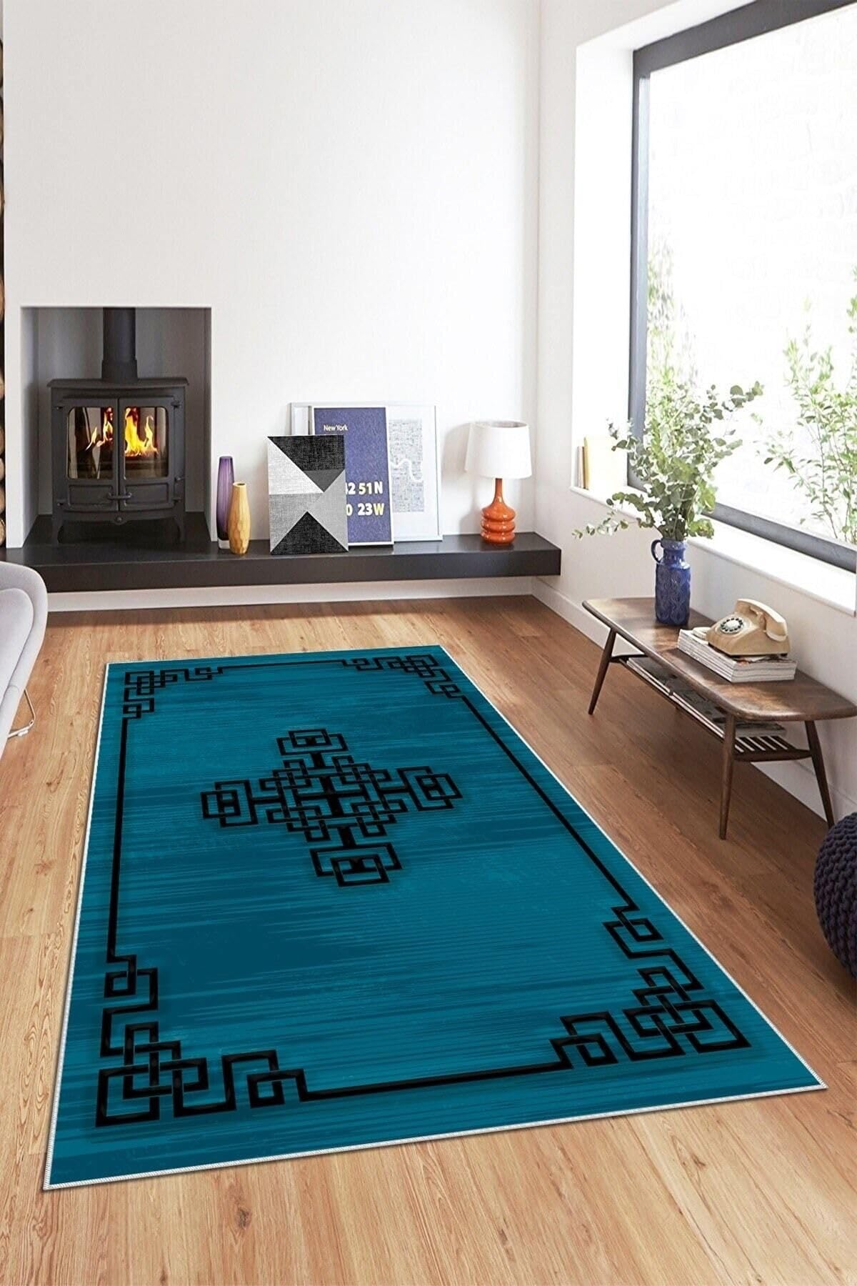 Pelangi Su Yeşili Kenar Işlemeli Yıkanabilir Kaymaz Taban Leke Tutmaz Modern Salon Halısı Ve Yolluk, Petrol Mavi-Siyah 180 x 250, 135809518025005