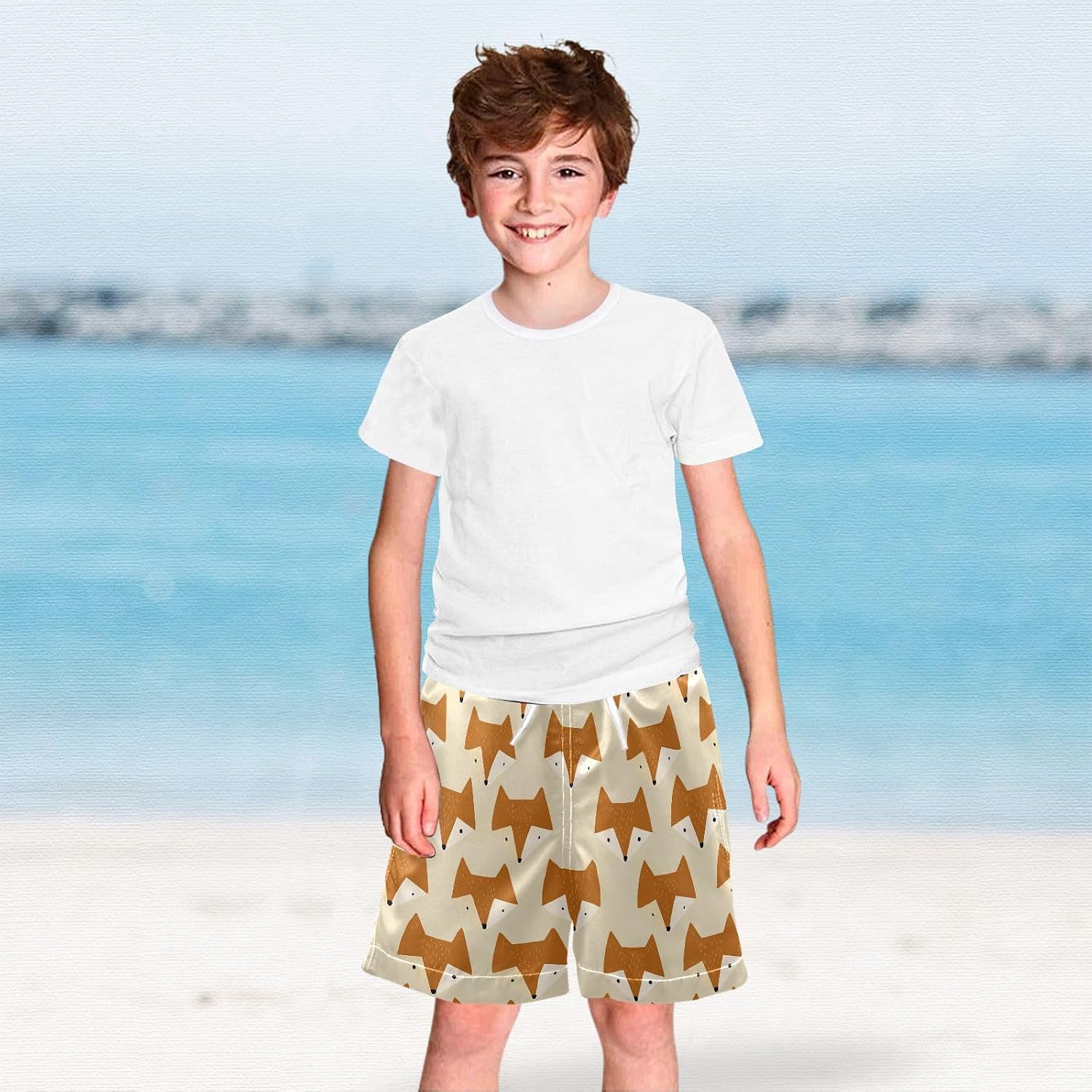 visesunny Sad Fox Face Boys Swim Trunks Quick Dry Drawsting Boy's Beach Shorts Boy Bathing Suit with Pockets