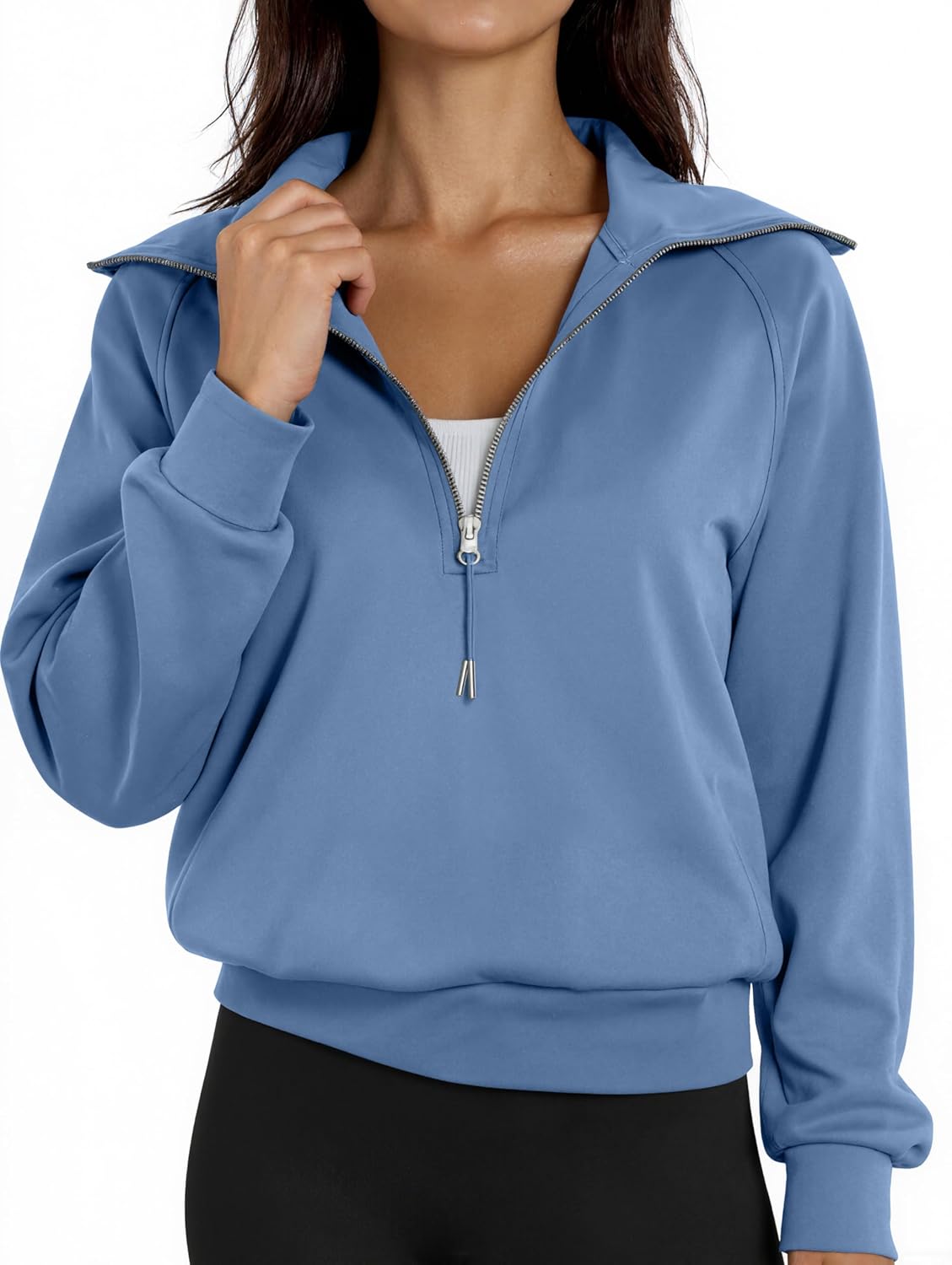 Women's Cropped Half Zip Pullover Quarter Zipper Long Sleeve Sweatshirt for Casual Wear - Image 3