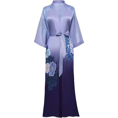 PRODESIGN Long Kimono Robe Satin Sleepwear Gradient Watercolor Silky Kimono Nightgown Bathrobe Kimono Blouse Cardigan