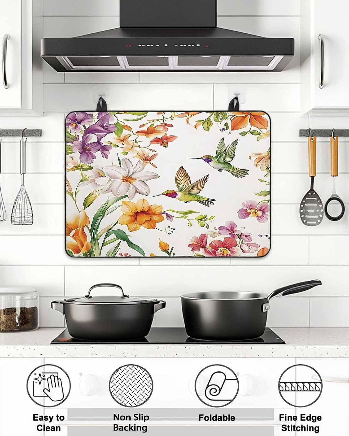 Stove Cover for Electric Stove 36x21 Inch Hummingbird Flowers Stove Top Cover Watercolor Floral Leaf Glass Cooktop Covers Anti-Slip & Heat Resistant Countertop Protector Home Kitchen Decor