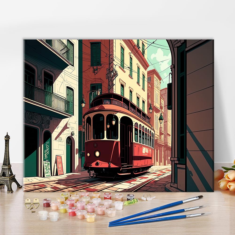 TISHIRON Paint by Numbers for Adults Lisbon Portugal Street Scene with Red Tram Painting Kit 16x20 Inch Adult Paint by Number on Canvas for Travel Themed Home Decor with Brushes and Acrylic Paints