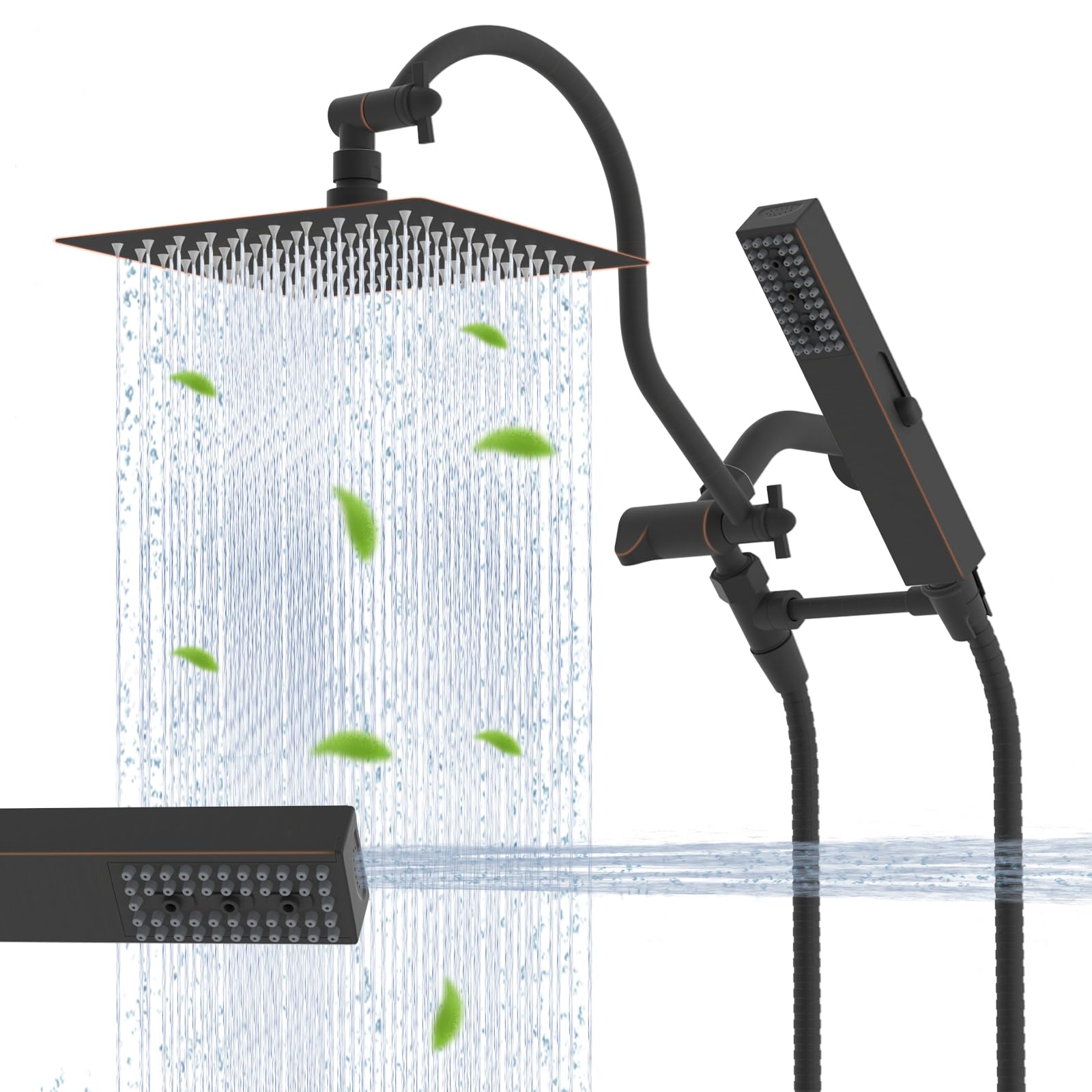 Hibbent Soffione doccia interamente in metallo, soffione doccia a pioggia ad alta pressione da 20,3 cm, combinazione soffione doccia, braccio curvo regolabile da 30,5 cm, tubo da 180 cm, 2 supporti