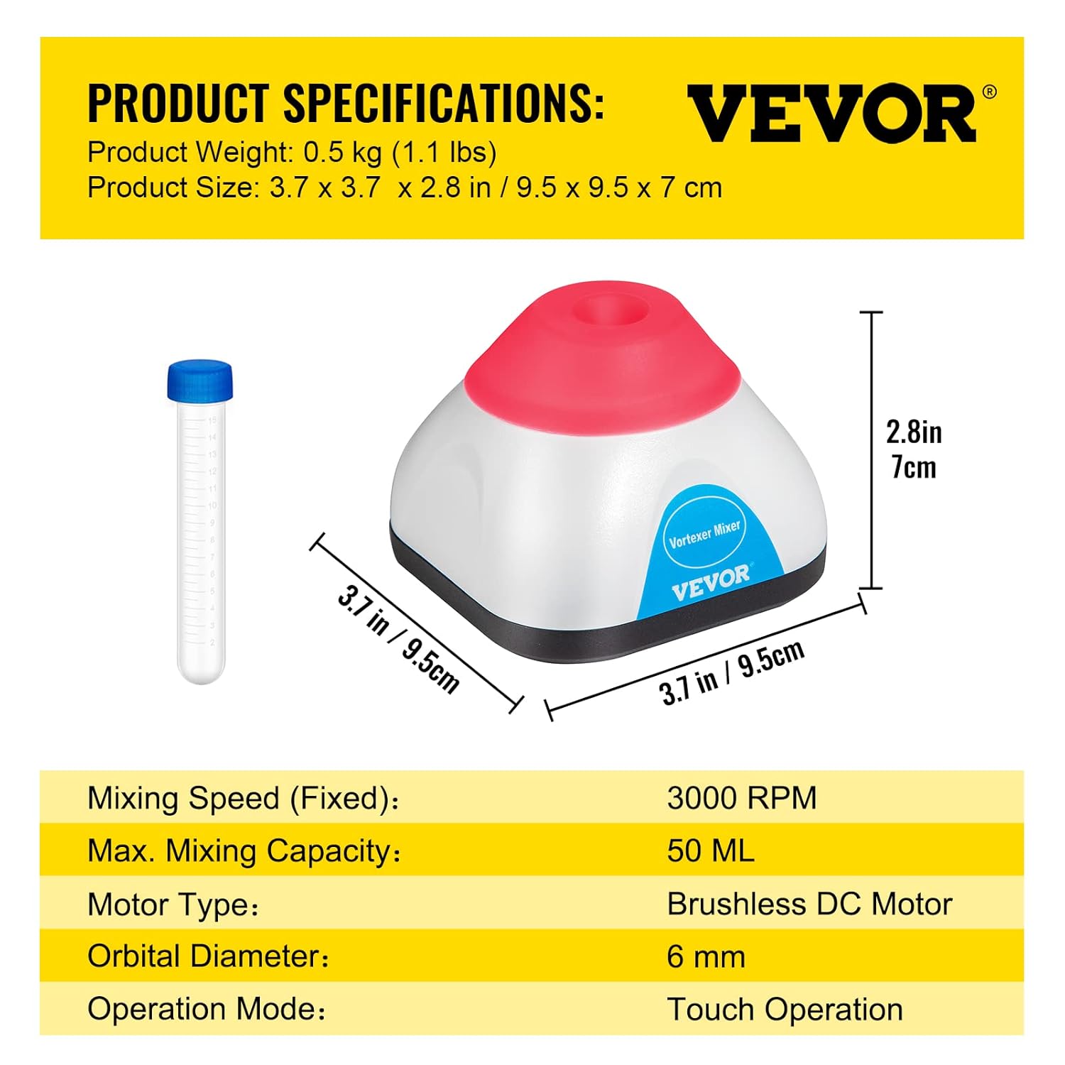 VEVOR Vortex Mixer, 3000RPM Mini Vortex Mixer Shaker, Touch Function Scientific Lab Vortex Shaker, Mix Up to 50ML, 6mm Orbital Diameter for Test Tube, Tattoo Ink, Nail Polish, Eyelash Adhesives, Paint