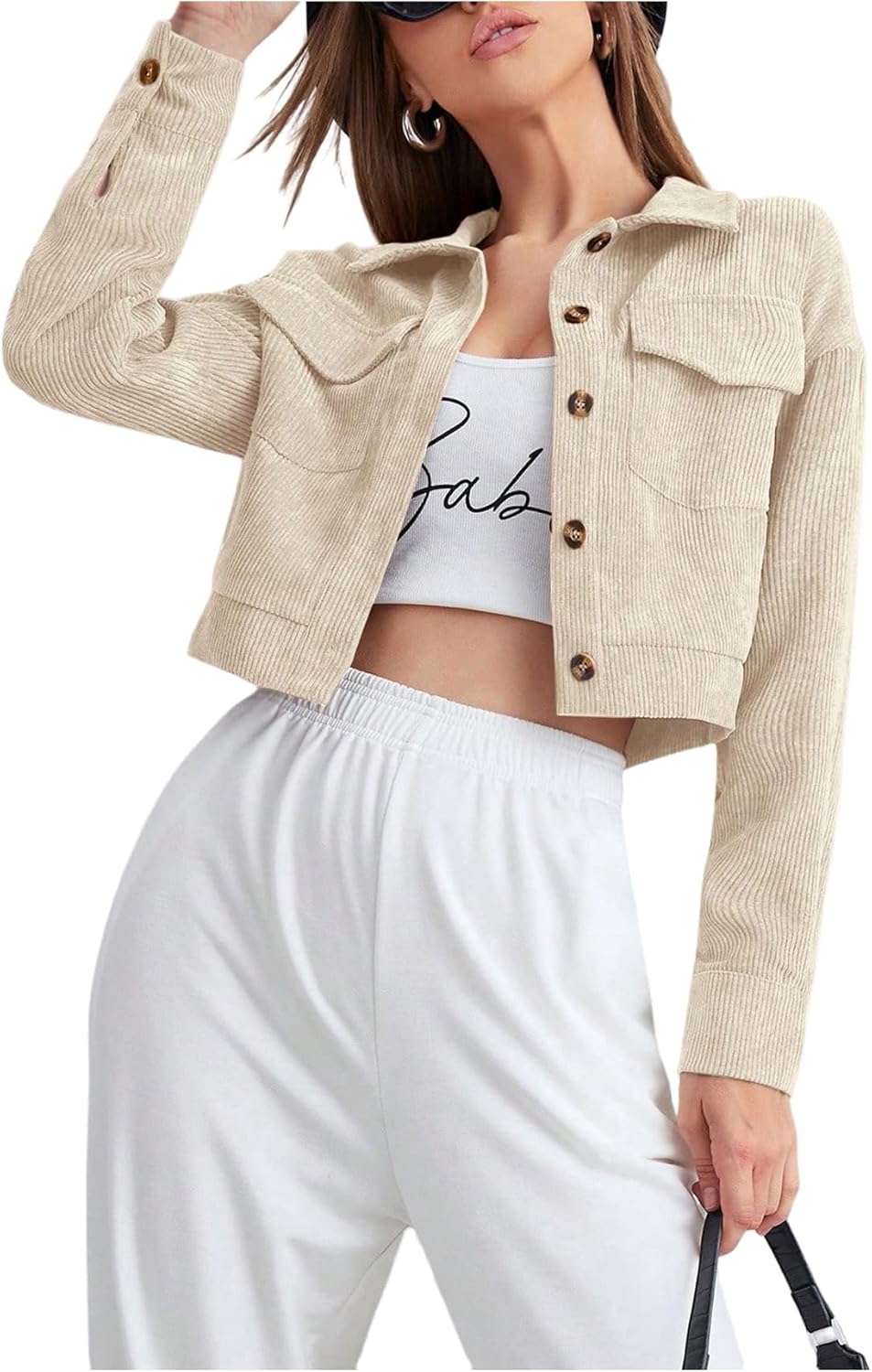 Floerns Women's Western Corduroy Jacket Button Down Collared Crop Top Outerwear