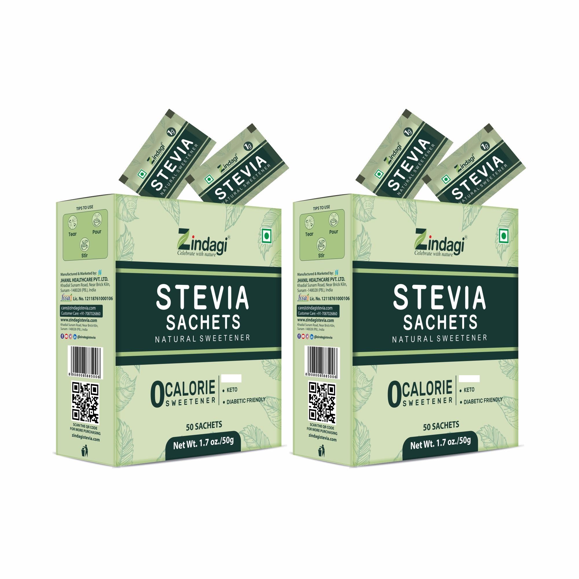 Stevia Sugar Free Powder Sachets | 100% Natural & Diabetic Friendly Sweetener | Zero Calorie Sugar | 100 Sachets