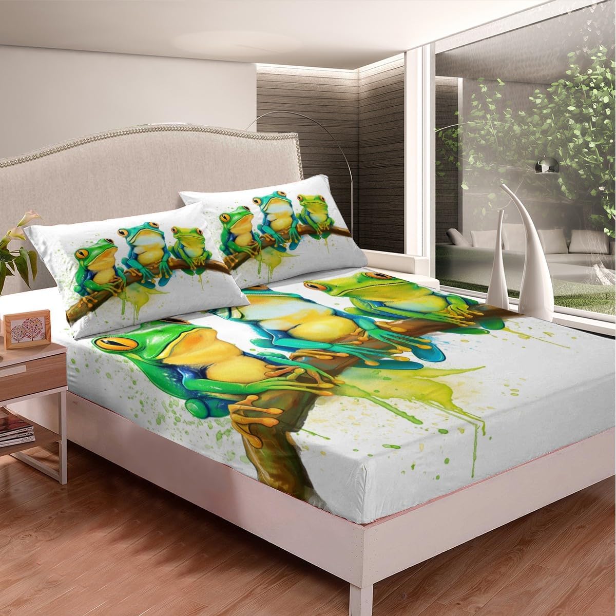 Erosebridal Cartoon Frog Bed Sheets Queen Size, Green Tie Dye Sheet Set, Tree Frog Branch Bedding Set,Reptile Animal Soft Fitted Sheet for Kid Adult, White Room Decor Flat Sheet with 2 Pillowcases