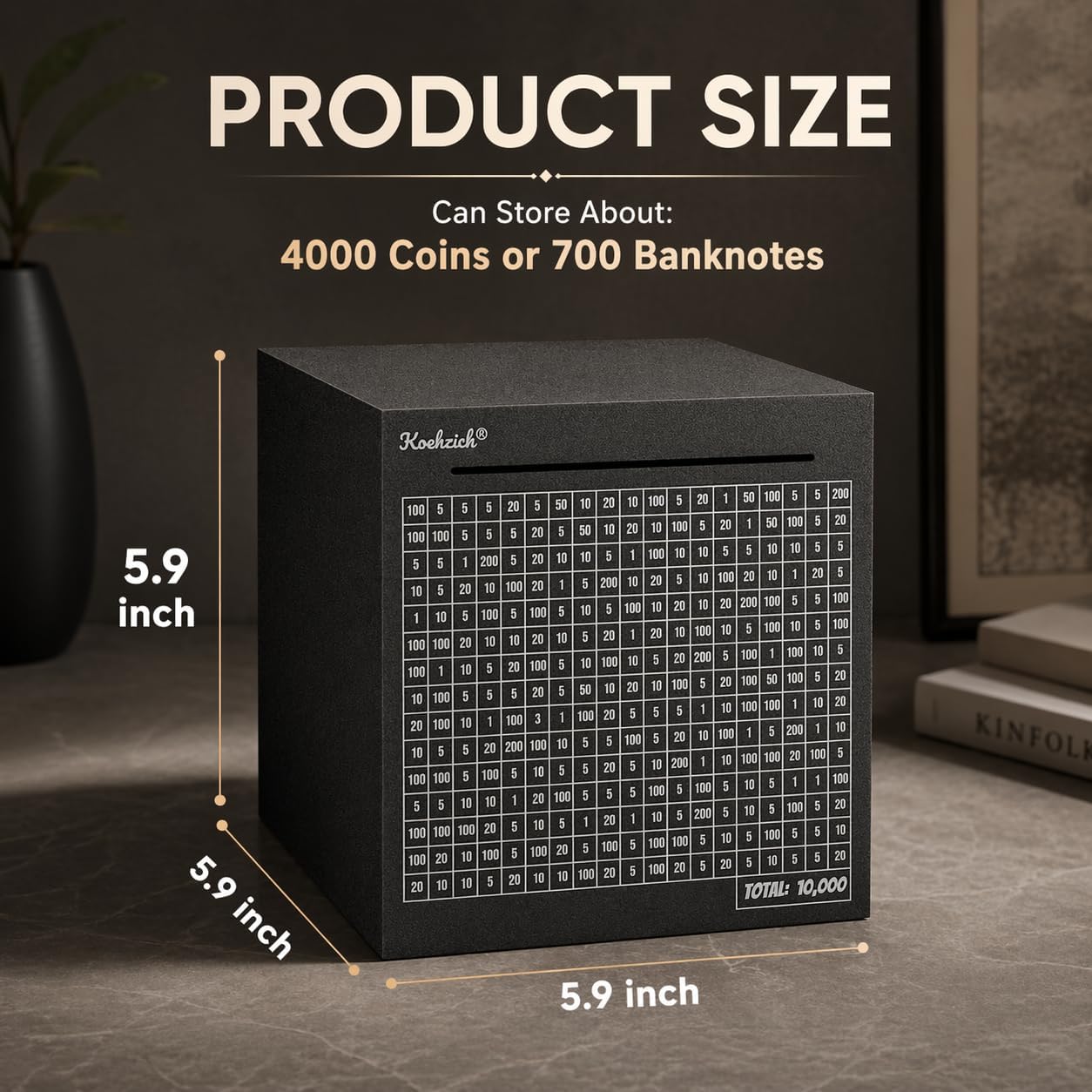 Savings Challenge Box, Black Metal Piggy Bank for Adults and Kids, 10000 Money Saving Cash Bank Cube with Coin Slot, Black Square Steel Container, Visual Savings Tracker(5.9in - 10000 Dollars)