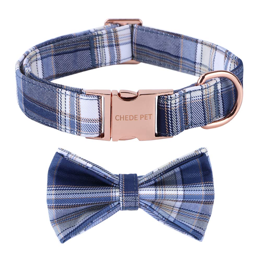 chede Soft &Comfy Bowtie Dog Collar,Cute Plaid Pet Gift for Dogs，Adjustable Dog Collars for Small Medium Large Dogs (M, Blue Grid)