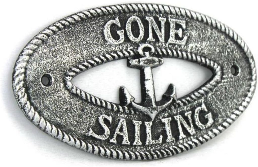 Hampton Nautical K-9304-silver Antique Silver Cast Iron Gone Sailing with Anchor Sign 8" - Decorative Metal Wall Art - Cast Iron Nautical
