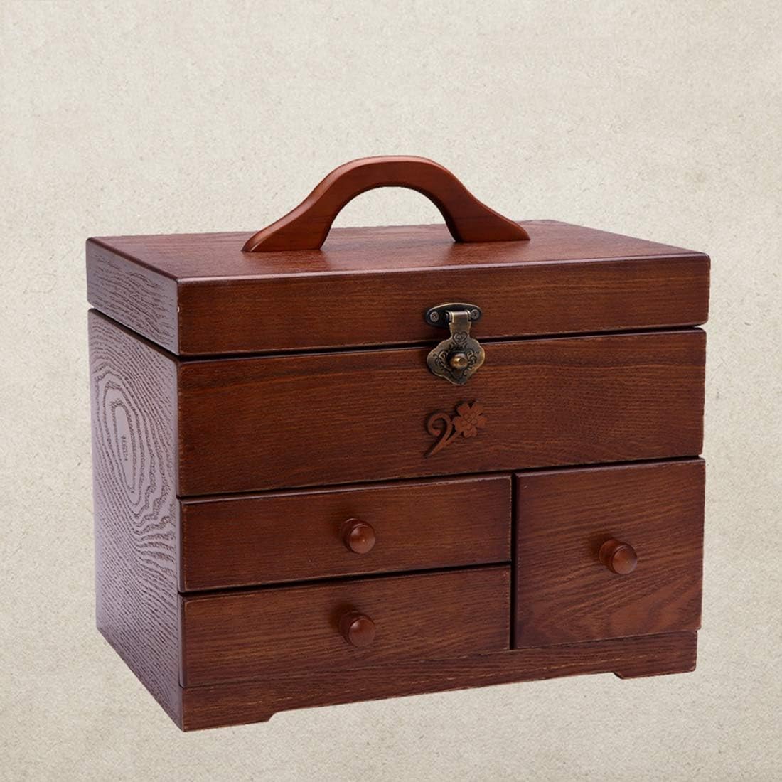 LWKBE Antigua Canasta de Costura de Madera - 3 Capas DIY Organizador de Suministros para zurcir Caja de Costura con 3 cajones Regalo de Boda 11.8 x 8 x 11.4 Pulgadas