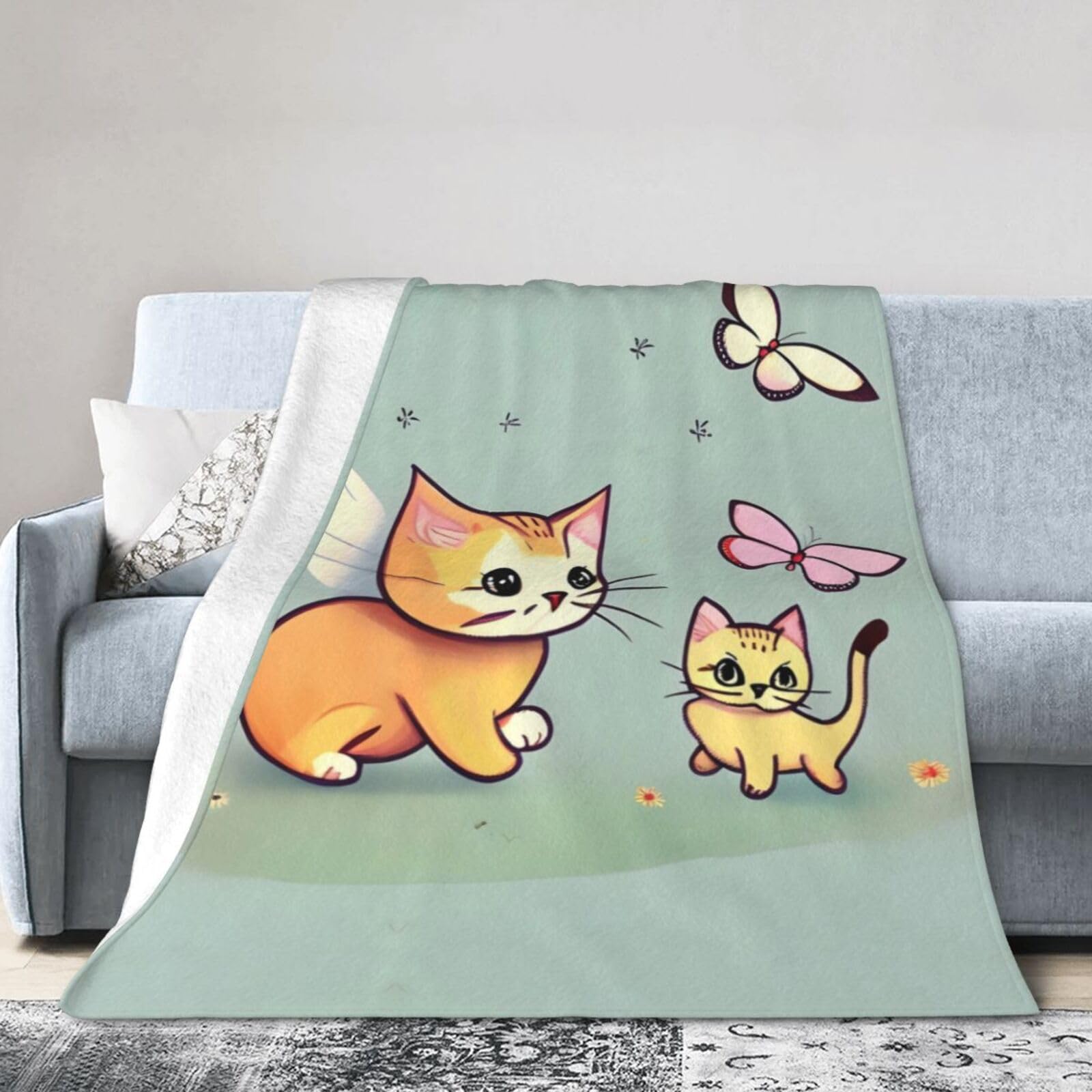 Kitten Butterfly 40"x30" Fleece Blanket, Full Size, Super Soft, Suitable for Bed, Sofa, Camping, All Seasons