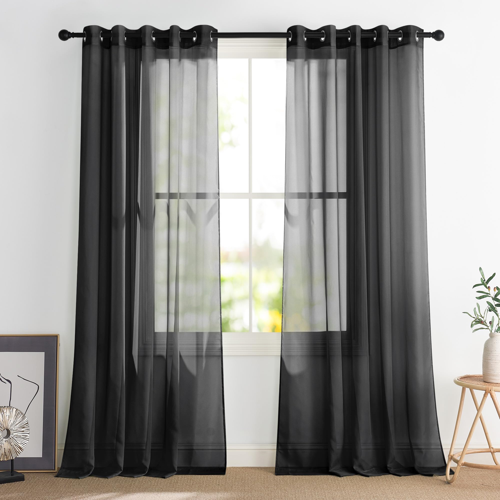 PONY DANCE Black Voile Curtains 90 Drop Pair, Semi Transparent Sheer Curtains for Bedroom/Living Room/Patio Door Super Soft Privacy Protected Window Treatment Eyelet, Set of 2, 54 x 90 inches