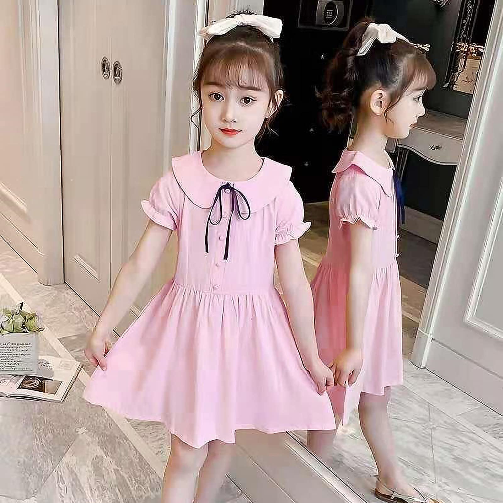 amropi Vestido para Niñas Algodón Manga Corta Corbata de moño Princesa Casual Vestidos 3-10 años