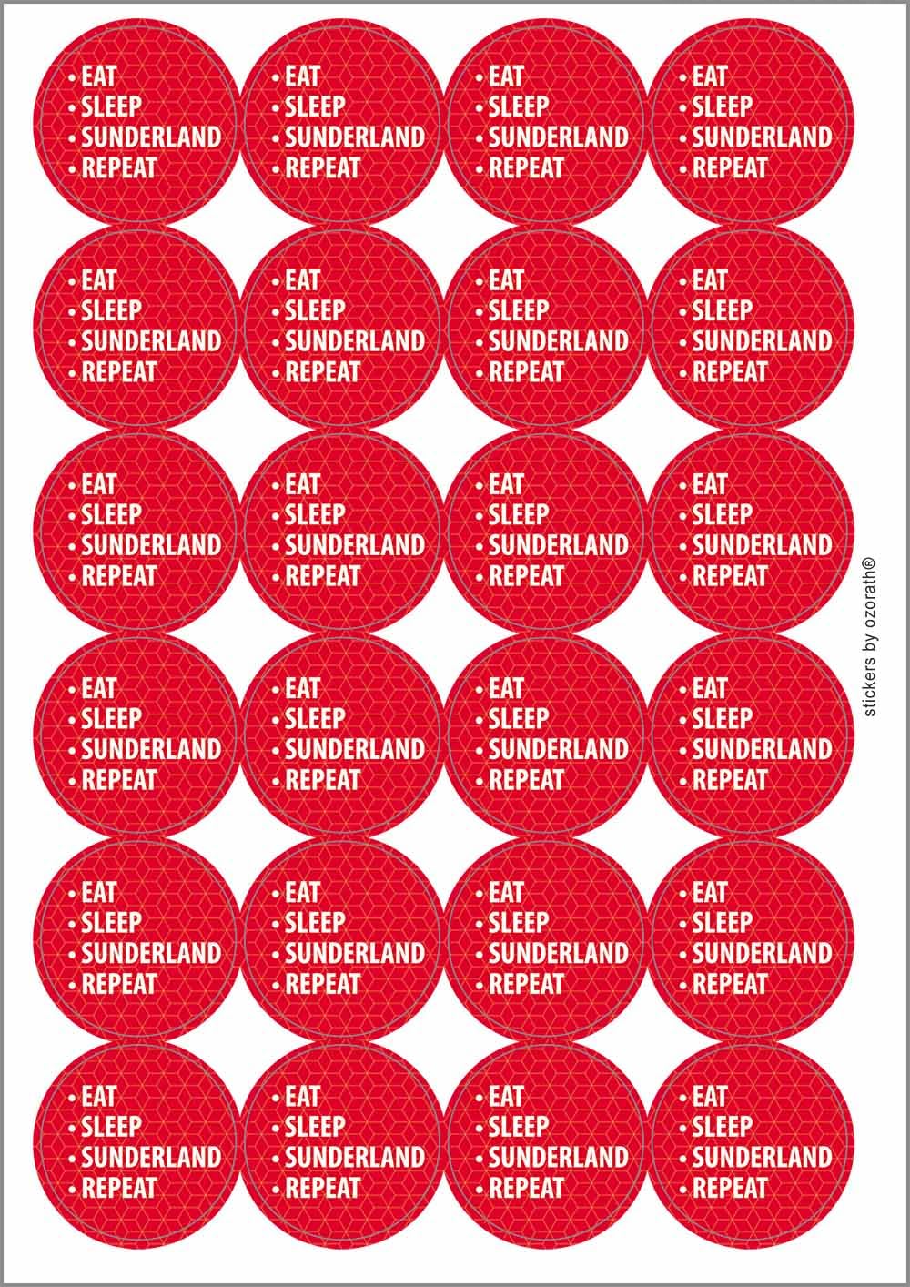 Eat Sleep Sunderland Repeat Circular Matt Paper Stickers A4 Sheet of 24 (Each Sticker is 45mm Diameter)