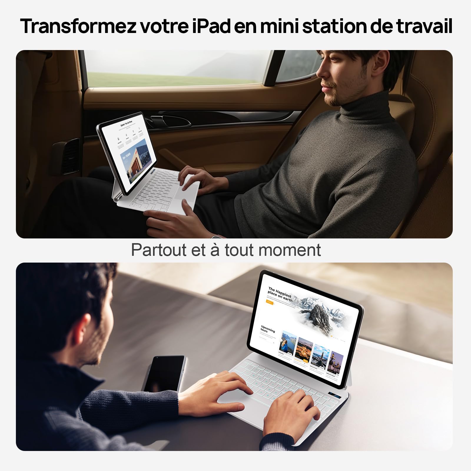 CSZZACME Clavier AZERTY Épuré pour iPad Air 13 Pouces M4/M3/M2 & iPad Pro 12,9" (6e/5e/4e/3e Gen) avec Trackpad Multitâche, Rétro-éclairage, Touches Raccourci, Fixation Magnétique, Blanc