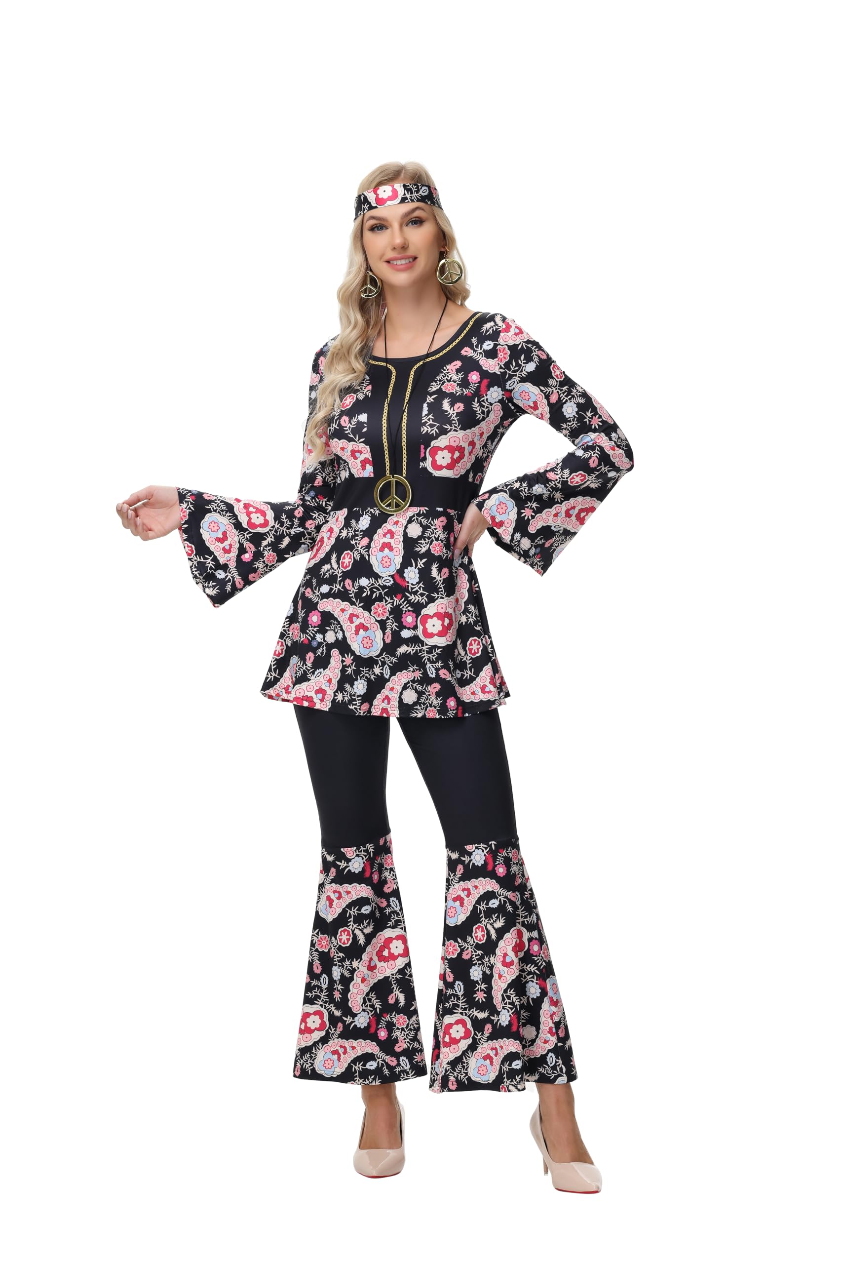 ELFIN Disfraz hippie de los años 60 y 70 para mujer, accesorios con parte superior hippie, pantalones, gafas, diadema, collar, pendientes, disfraz de discoteca, carnaval, fiesta temática, Halloween