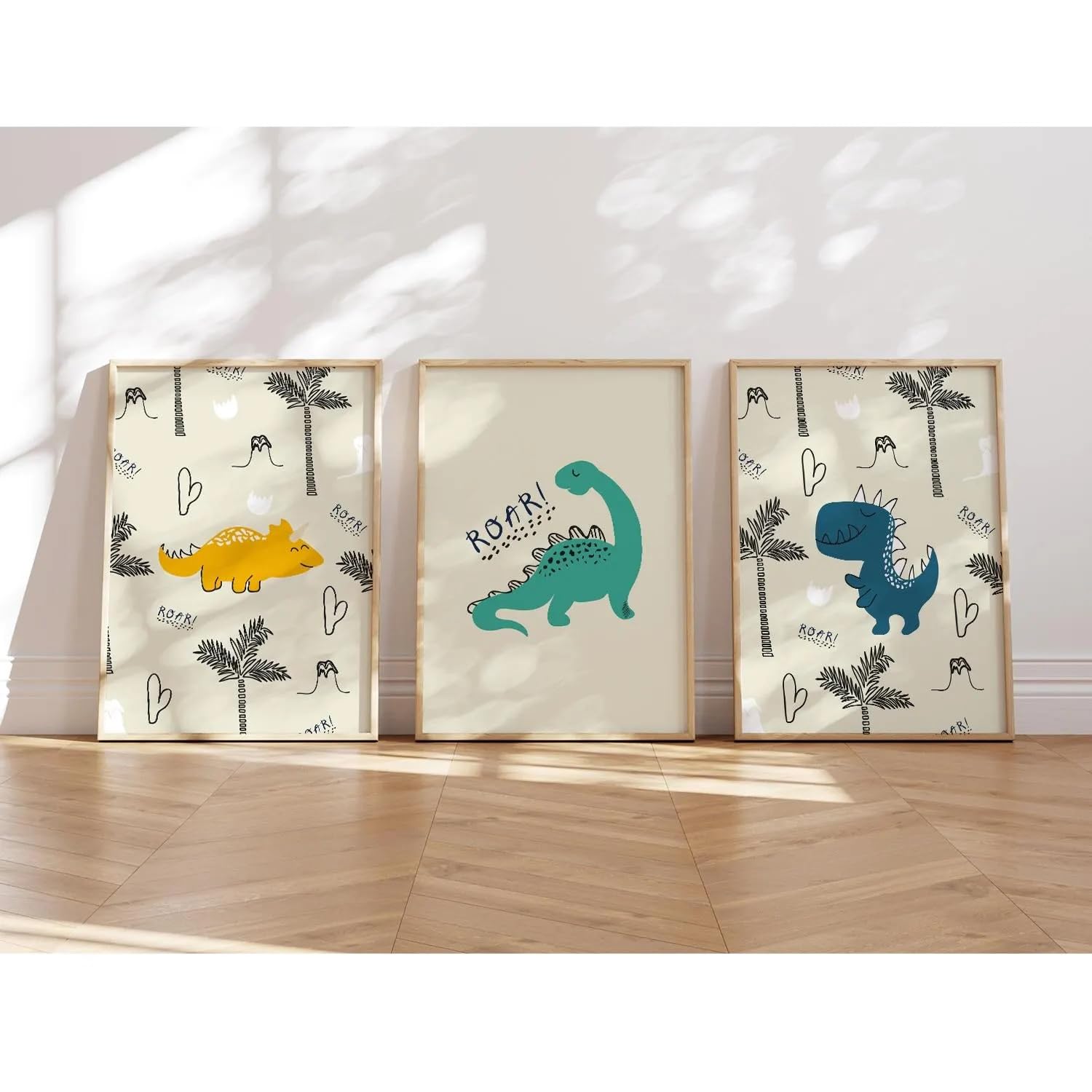 MeinBaby123® Dino Poster Kinderzimmer | Dinosaurier 3er Set DIN A4 I Bilder Kinderzimmer Jungen | Dino Deko Bilder | Babyzimmer Deko (Poster Set - 1)