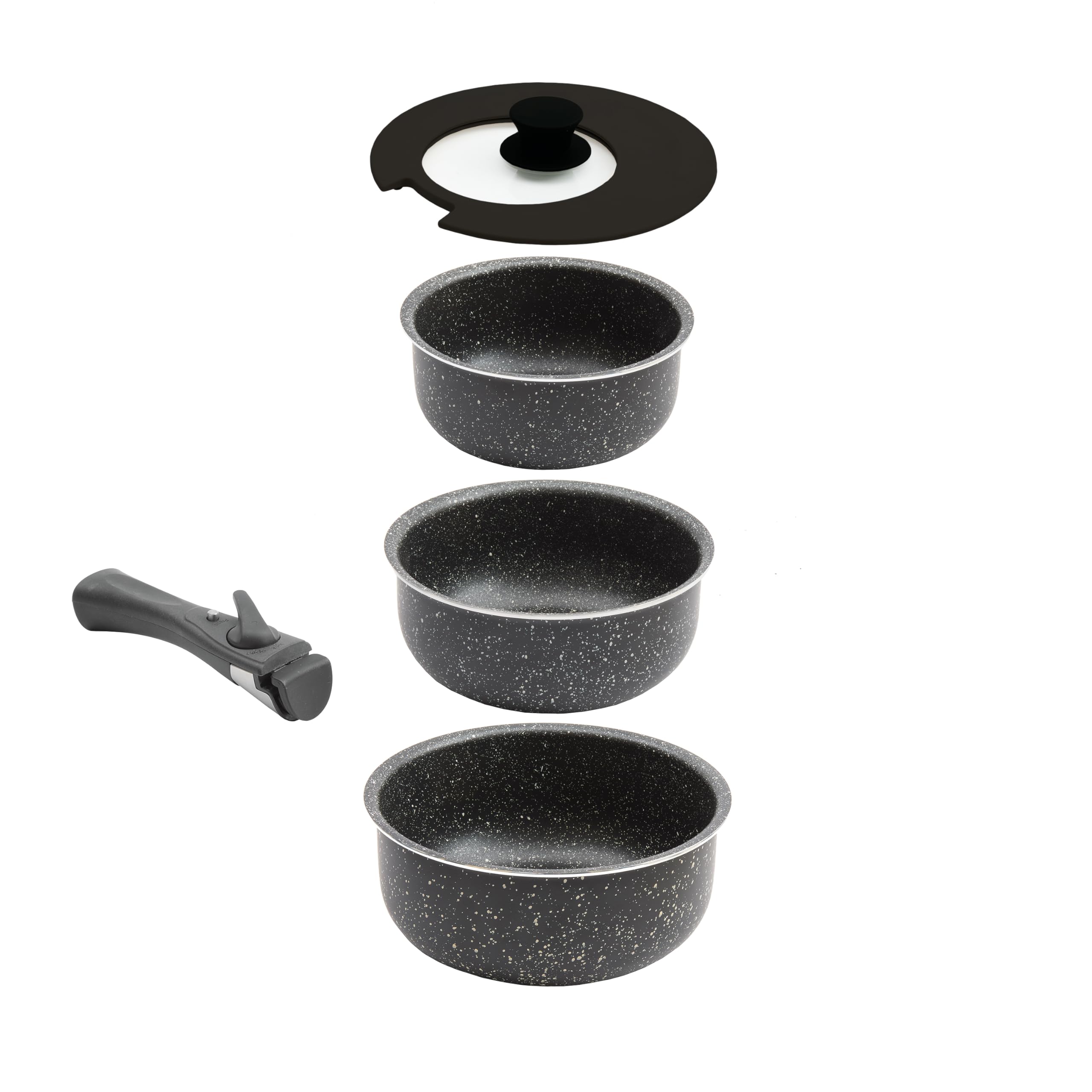 Coopers of Stortford - Nesto Set of Three Space Saving Saucepans - Nesting Aluminium Pans with Universal Lid and Removable Handle