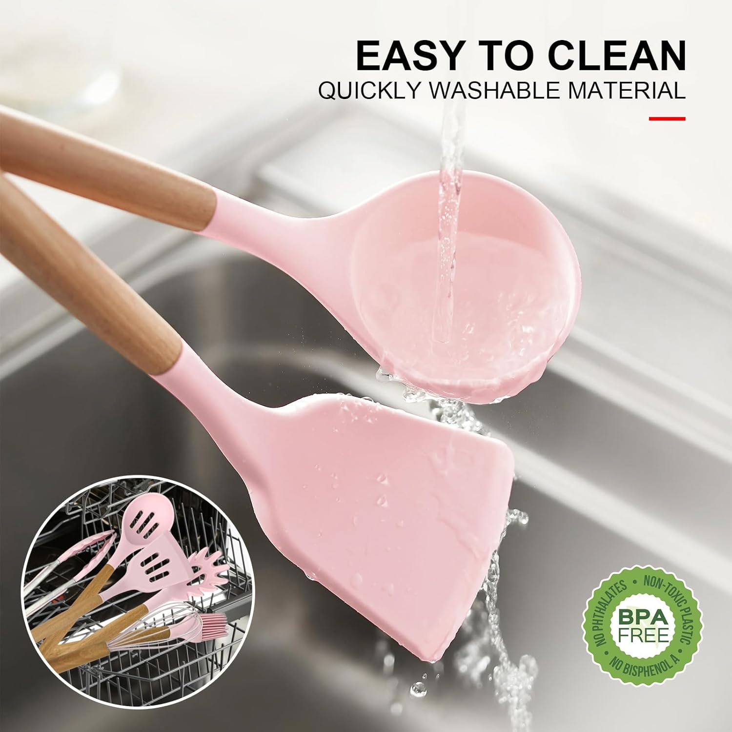 Silicone Cooking Utensils Kitchen Utensil Set - 446°F Heat Resistant Silicone Kitchen Utensils Set, Spatula,Turner Tongs, Spoon, Brush, Whisk,Kitchen Gadgets for Nonstick Cookware, BPA Free (Pink)