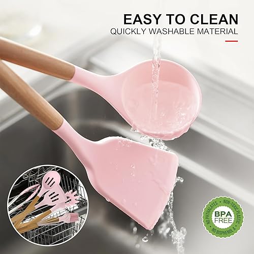 Miniatura 6 de Juego de utensilios de cocina de silicona, resistente al calor, espátula, pinzas giratorias, cuchara, cepillo, batidor, utensilios de cocina