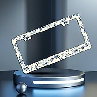 Vista 2 de Blue Floral Flowers License Plate Frames - 2 Pcs Set 2 Holes Stainless Steel Metal Auto Car Accessories Decoration License Plate Frame Cover