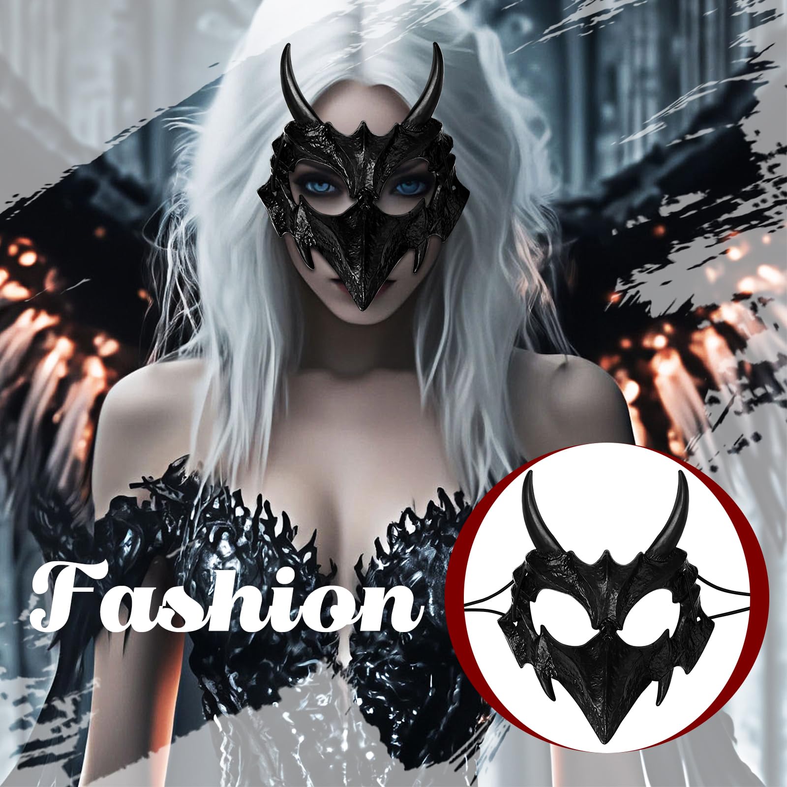 JewelryWe Unisex Gothic Demon Mask: Men Women Black Cosplay Dark Dragon Half Skull Scary Bloody Halloween Decorativ Mask - Image 4