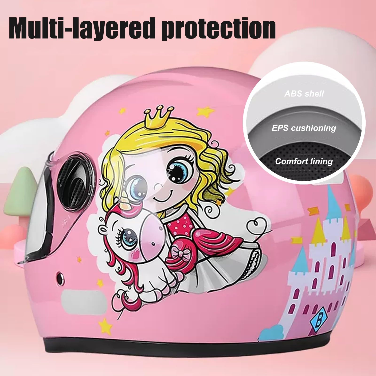 Casco Moto Integrale Per Bambini, Casco Scooter Omologato ECE Con Visiera Parasole E Sciarpa Rimovibile, Casco Scooter Per Ragazzi E Ragazze Dai 3 Ai 12 Anni A-5,48-55CM
