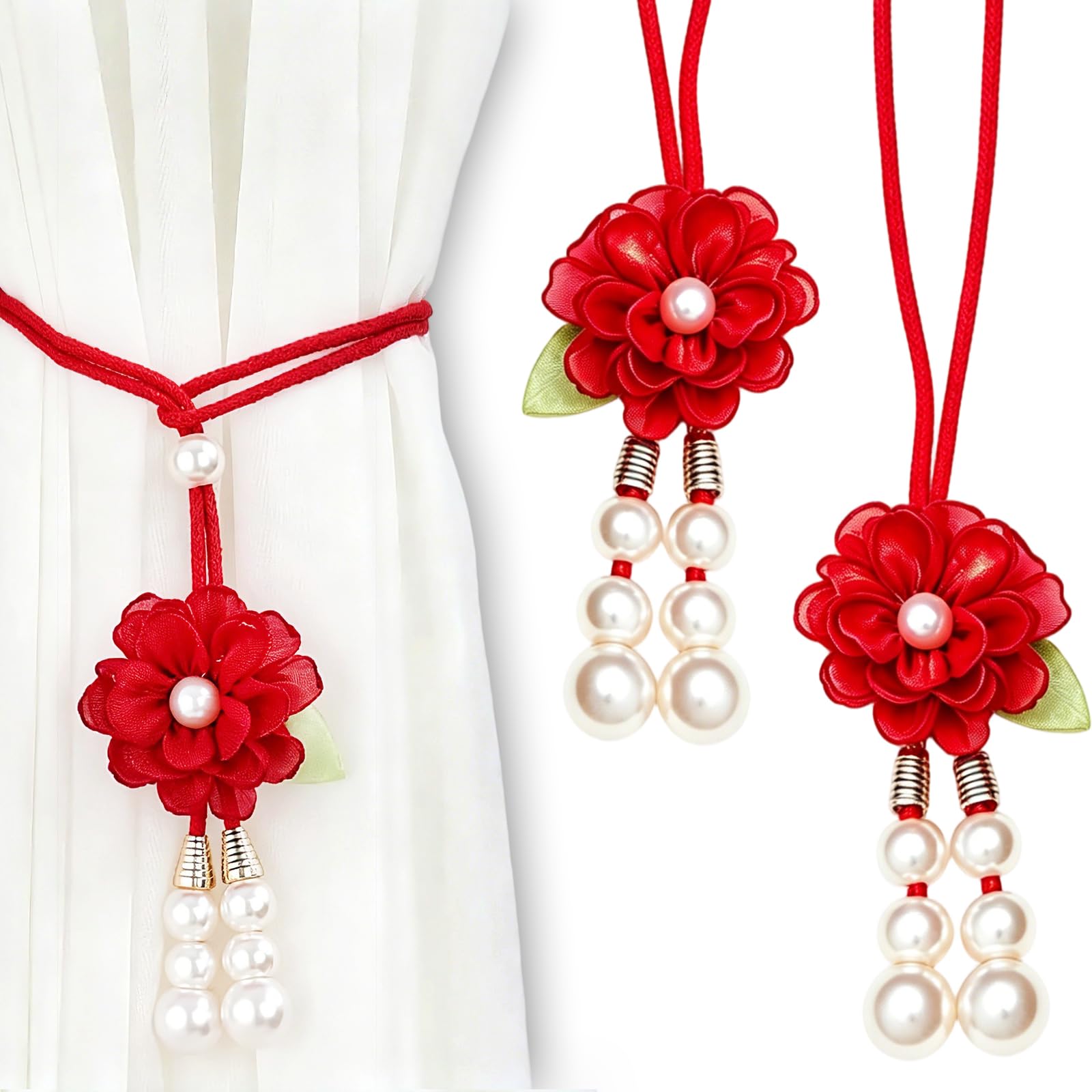 2-Piece Adjustable Curtain Tiebacks, Red 3D Flower Curtain Holdbacks with Faux Pearls, Decorative Window Cord Holders for Drapes, Living Room & Bedroom Decor-picture-16