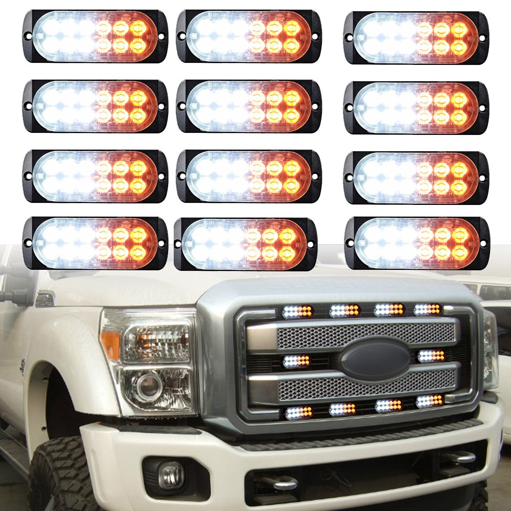 12-LED White/Amber Ultra Slim Warning Emergency Beacon Caution 16 Modes Flash Strobe Light Bar (12 pcs)