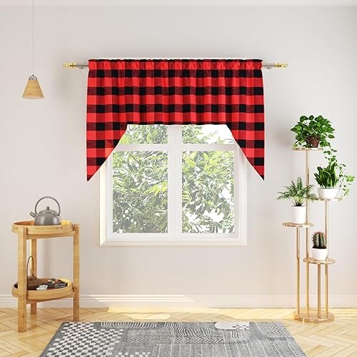 Miniatura 72 de Cortina ajustable con cenefa para ventana de cocina Buffalo Check, a cuadros, gingham, estilo granja, con bolsillo para barra, para baño, 42 x 45