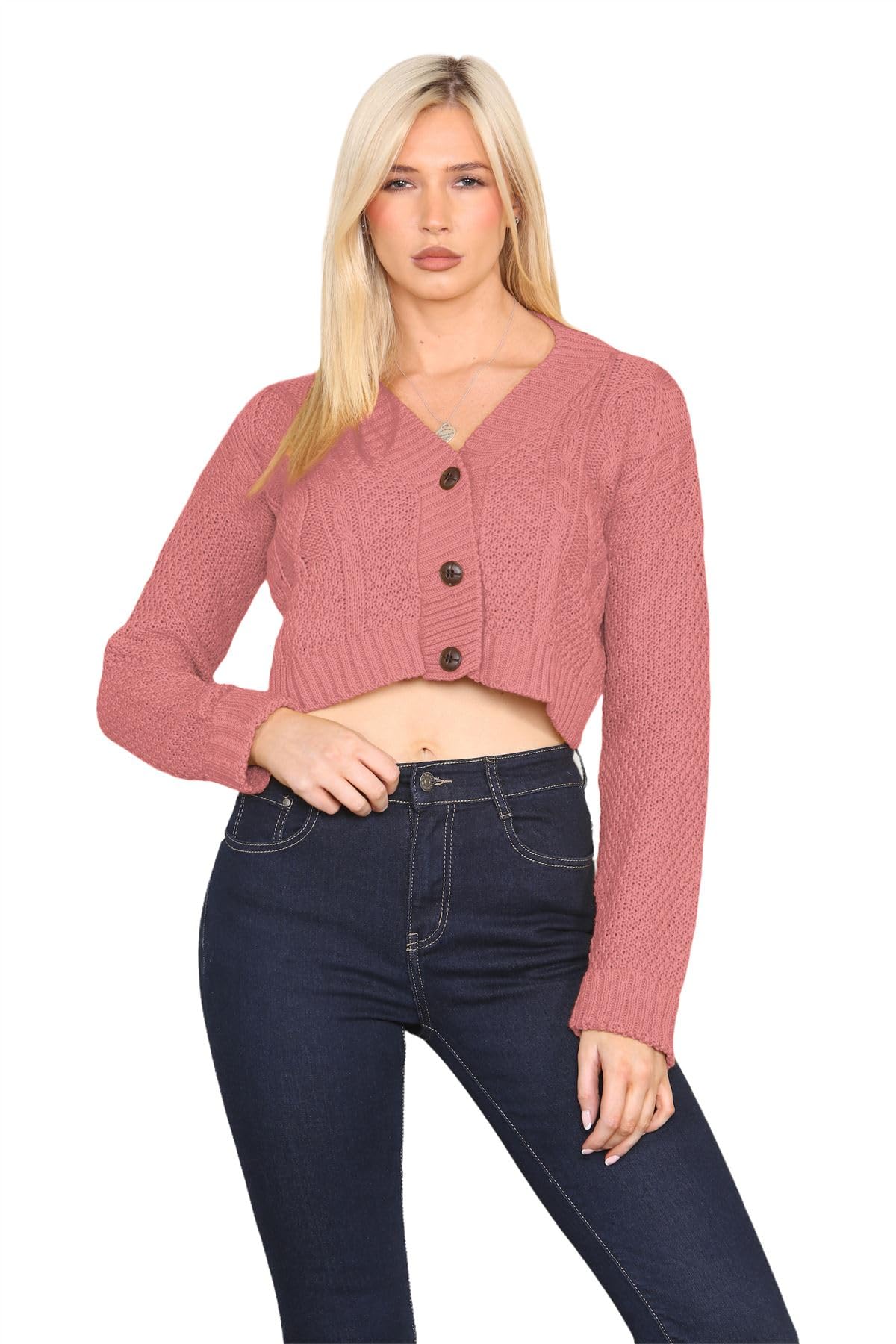 Janisramone Women's Rust Janisramone® Cable Knitted Cardigan, 3 Buttons Cropped Jumper Casual, Long Sleeve Top, Chunky Winter Cardigans For Uk, Short Warm Sweater - Party Jumpers