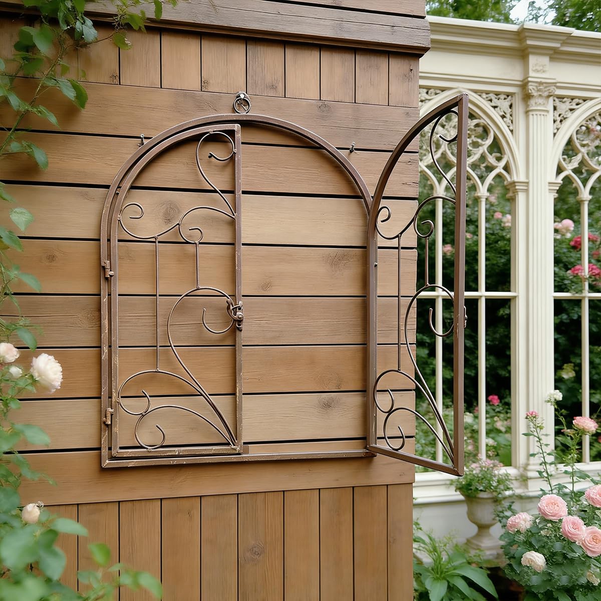 Rustikale Deko-Fenster mit Halbbogen zum Öffnen Eisen Sprossen-Fenster Scheunenfenster Fensterrahmen Fenster Attrappe Ranken Optik Wanddekor für Gartendeko Landhausstil Rost