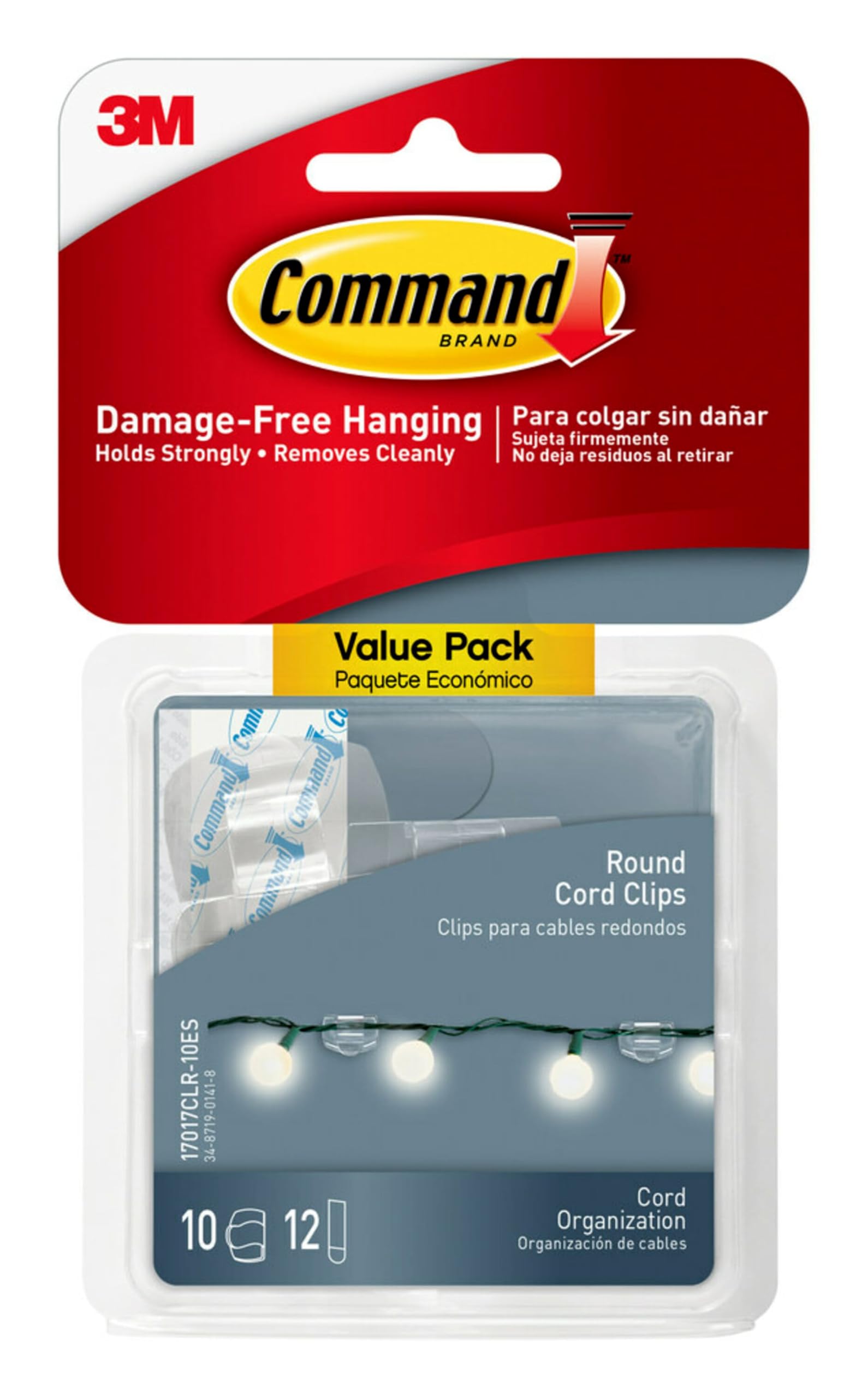 Command Round Cord Clips, 10 Clear Cord Organizers with 12 Command Strips, Damage Free Hanging Cable, No Tools Wall Clips for Hanging Electrical Cables
