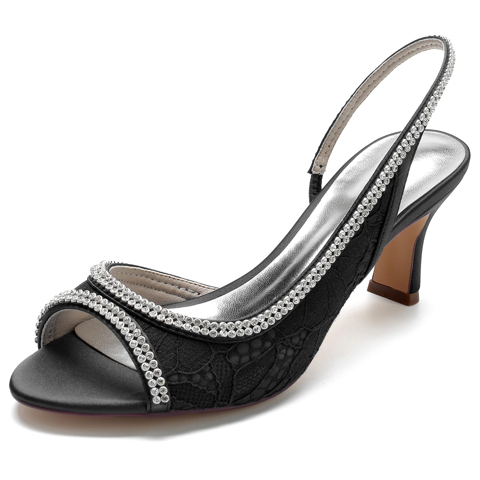Sandali Donna in Pizzo Slingback Avorio Scarpe da Sposa Open Toe Tacco Medio con Bordo in Strass Elegante Calzature Cerimonia e Gala