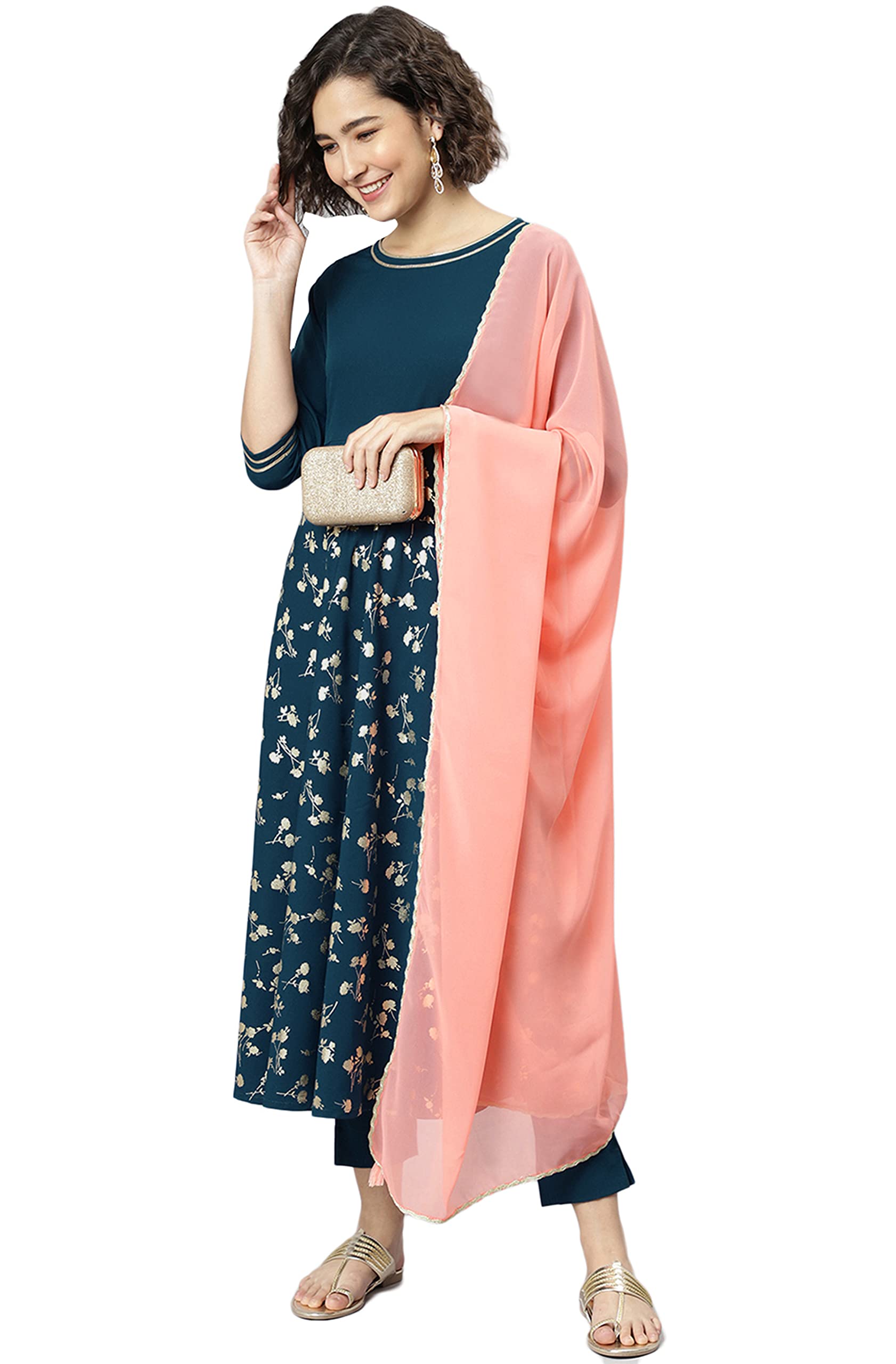 JanasyaIndian Women's Teal Poly Crepe Floral Print Kurta with Pant and Dupatta