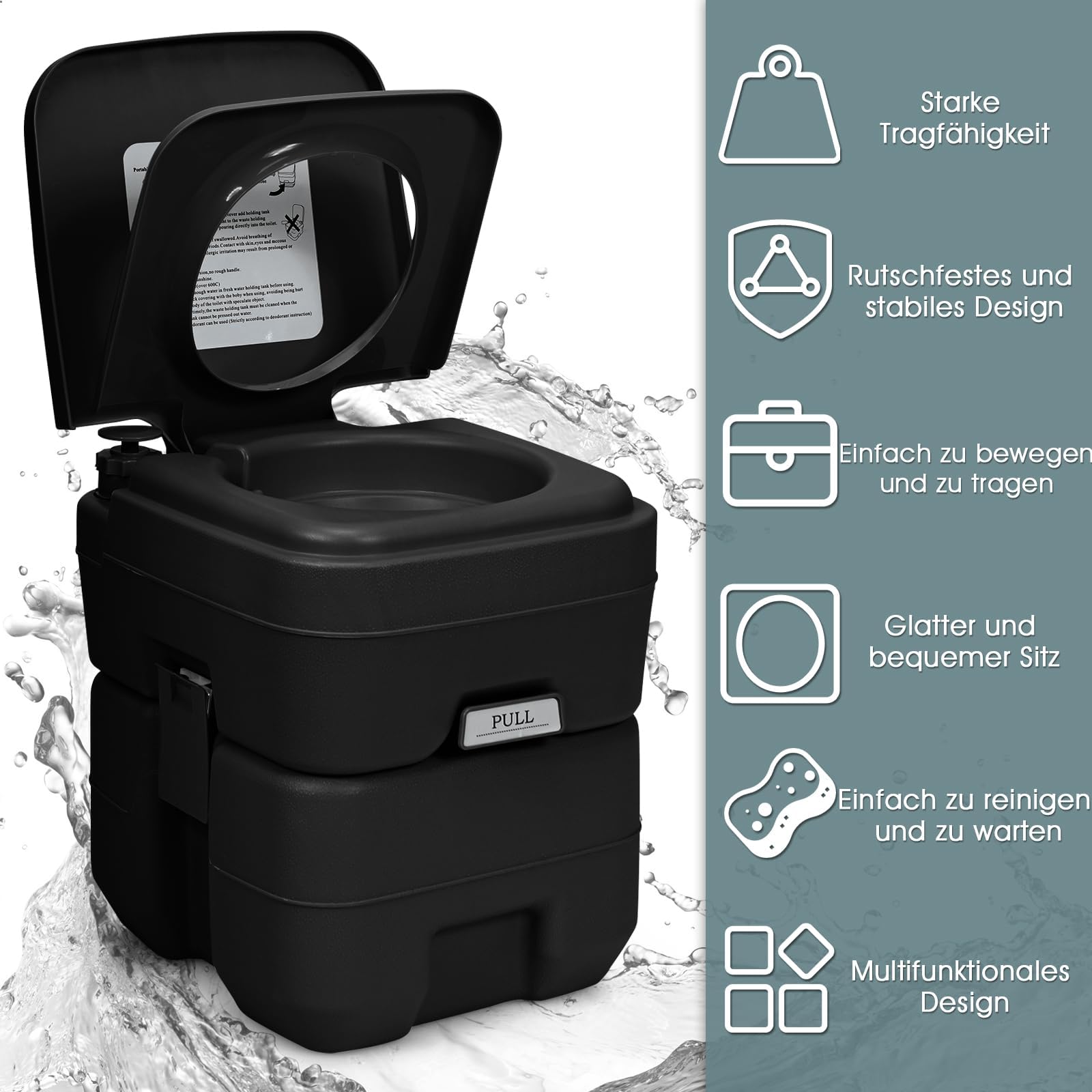 FANTASK 20L Campingtoilette, Reisetoilette tragbar mit abnehmbarem Abwassertank, Mobile Toilette, Campingklo für Reise, Camping und Wohnmobil (Schwarz)