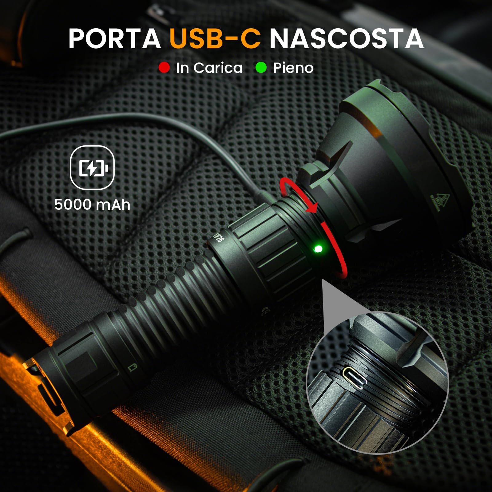 sofirn SF26 Torcia Tattica 2000 lm, 964 m Lunga Gittata Torcia LED, Interruttore Posteriore Tattico e Accesso Rapido allo Strobe, USB-C Ricaricabile, IPX8 per Outdoor, Caccia, Sicurezza