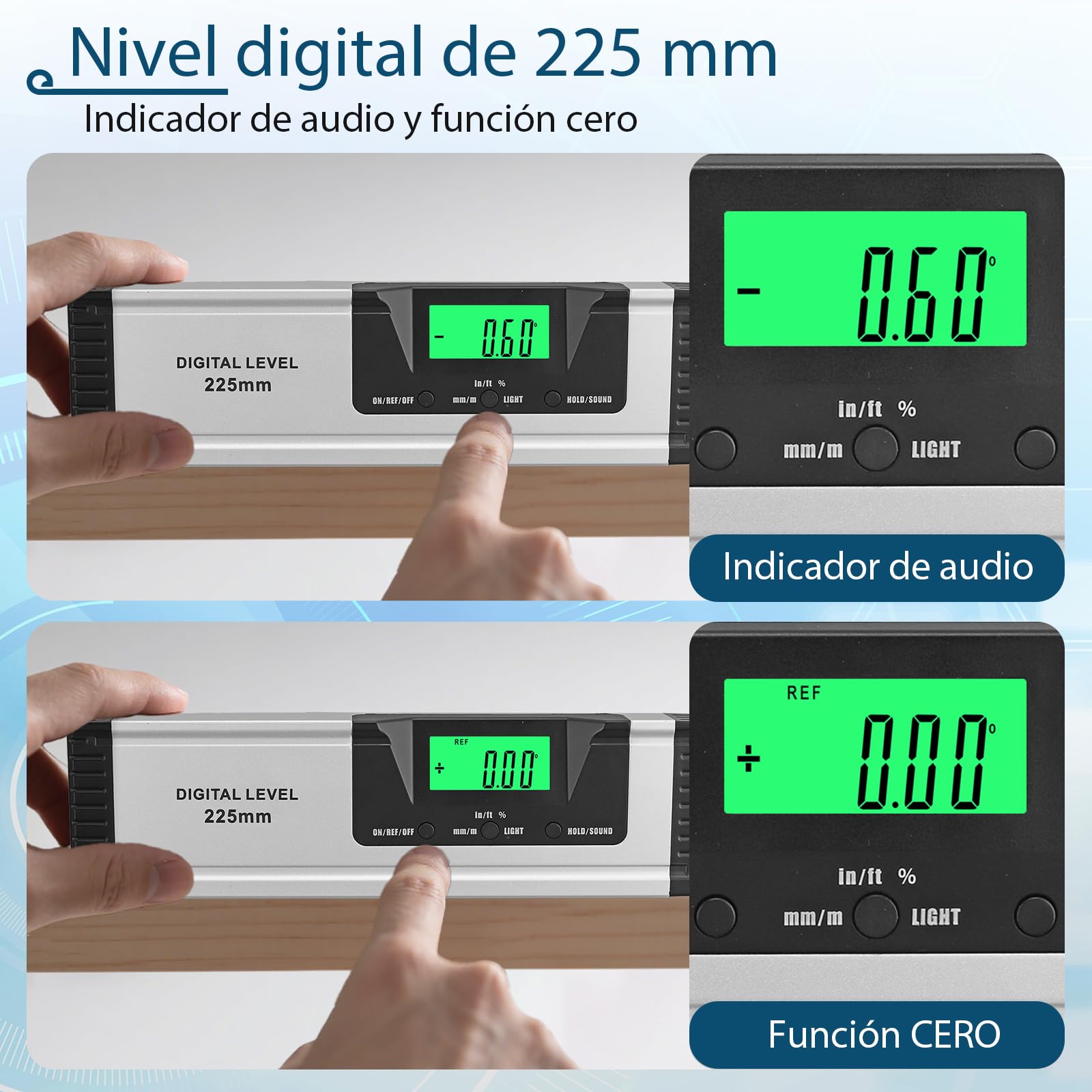 Nivel magnético digital e inclinómetro de 225 mm con indicador de audio de alta precisión ± 0,1°, imanes de neodimio fuertes, pantalla LCD, para construcción, soldadura de metal, alineación