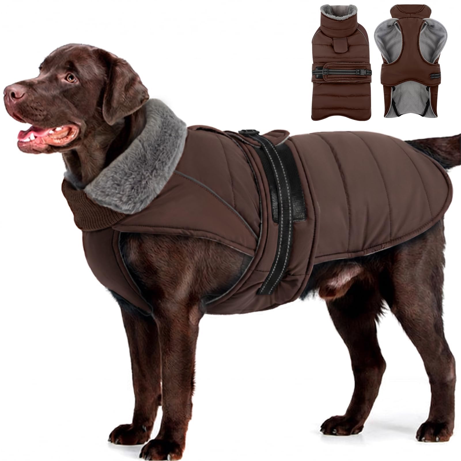 MIGOHI Snowproof Dog Jacket, Warm Reflective Dog Winter Coat, Brown,XL
