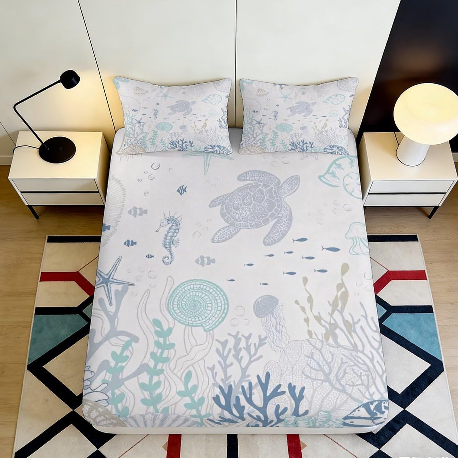 3D Printed Ocean Turtle Fitted Sheet Microfiber Soft Coral Reef Mattress Cover for Bedroom Dorm Home Decor 90x200x25cm