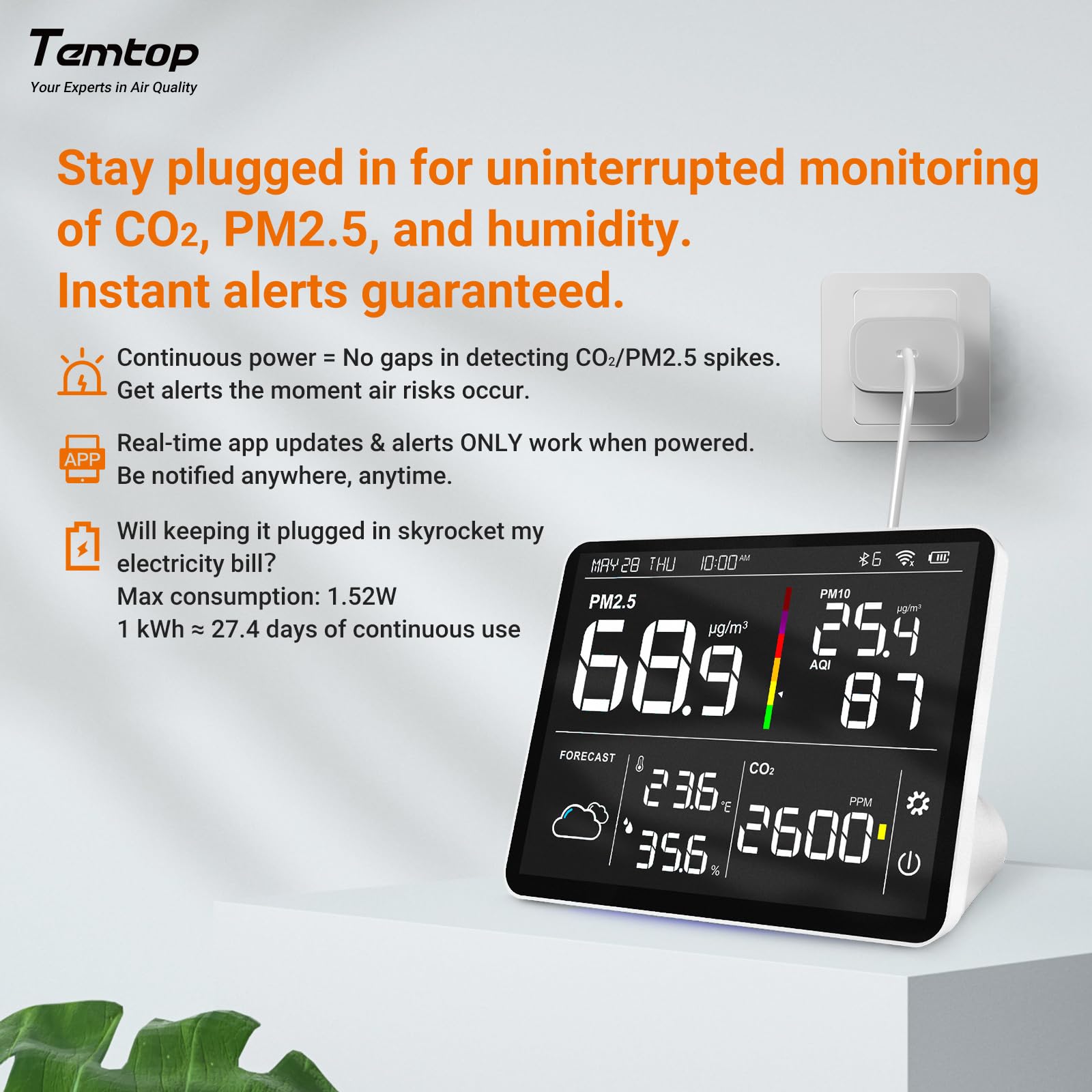 Temtop M100-UP Stacja pomiarowa jakości powietrza, 2.4G WLAN Bluetooth termometr z aplikacją, 8-w-1 urządzenie do pomiaru jakości powietrza (PM2.5/CO2/Temperatura/Wilgotność)