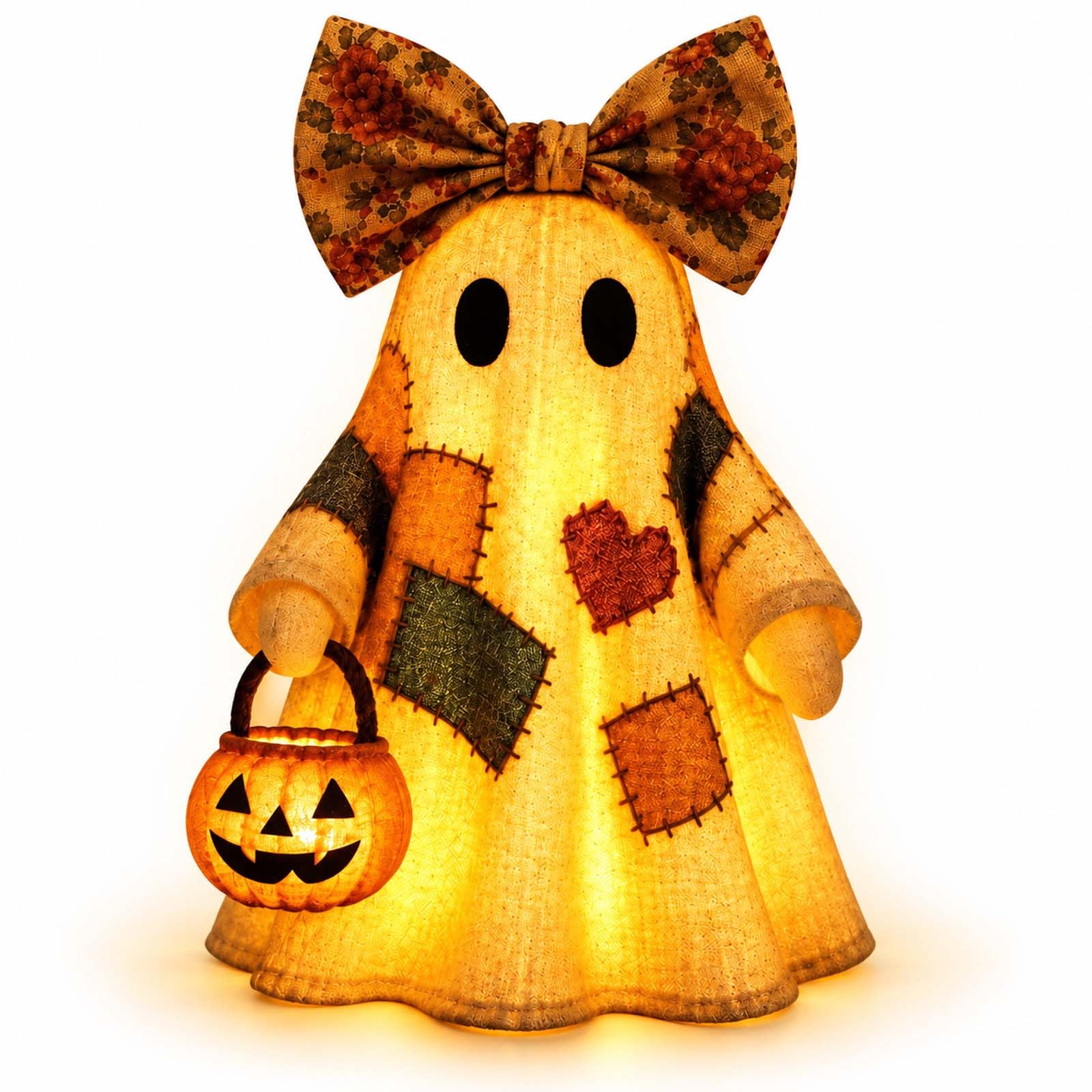 Lighted Vintage Patchwork Ghost, Rustic Halloween Figurine Lamp