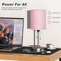Vista 3 de Lámpara de dormitorio rosa para mesita de noche, lámpara de escritorio de 3 temperaturas de color con puertos USB C y A, lámpara de mesa de cadena