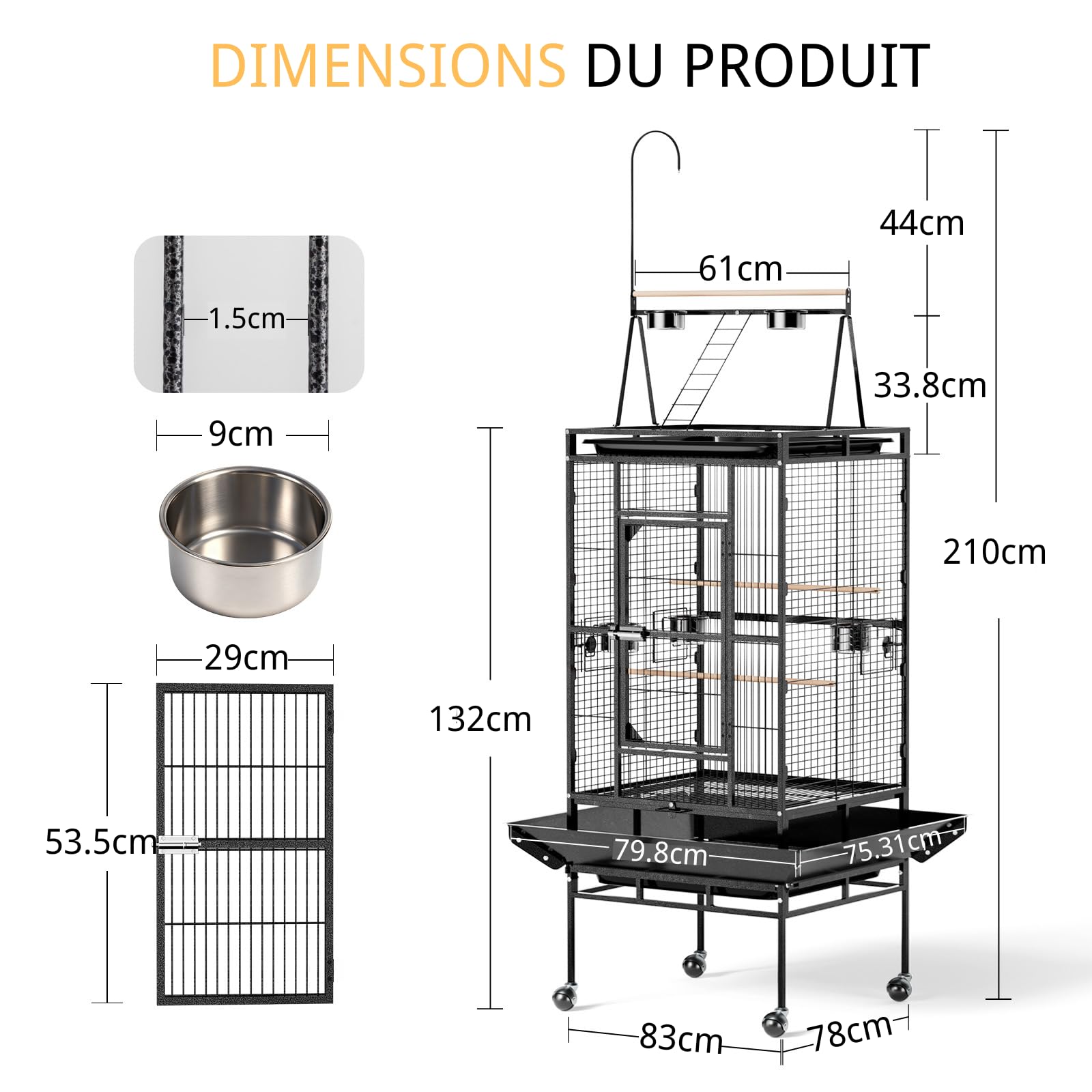 LEADZM Cage Oiseau, avec escalier sur Le Dessus et Double Bol d'alimentation, Robuste et Durable, avec 5 Positions d'alimentation, 83 x 78 x 210 cm
